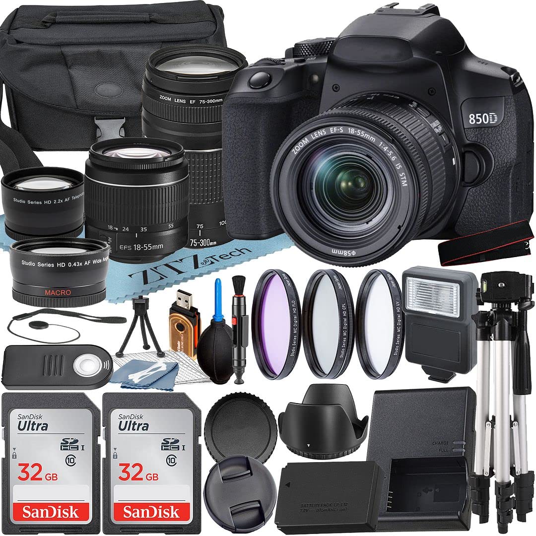 Canon EOS 850D DSLR Camera with EF-S 18-55mm & 75-300mm Lenses - Professional Photography Bundle Includes SanDisk 32GB Memory Cards (2 Pack), Wide Angle Lens, Carrying Case, Tripod & Accessories - Perfect for Travel, Portrait & Wildlife Photography