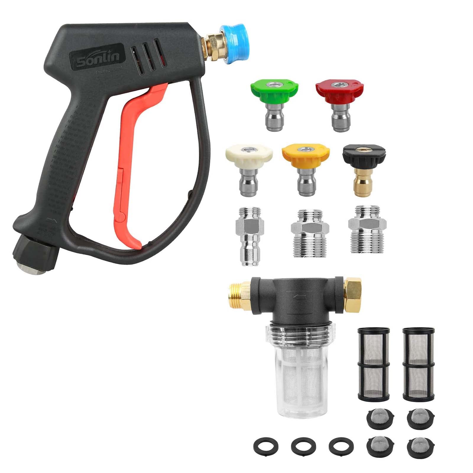 Sooprinse 4000 PSI High Pressure Washer Gun with Quick Connect Nozzles & Garden Hose Filter - Heavy Duty Power Washer Attachment for Driveway, Deck, Patio, and Car Cleaning