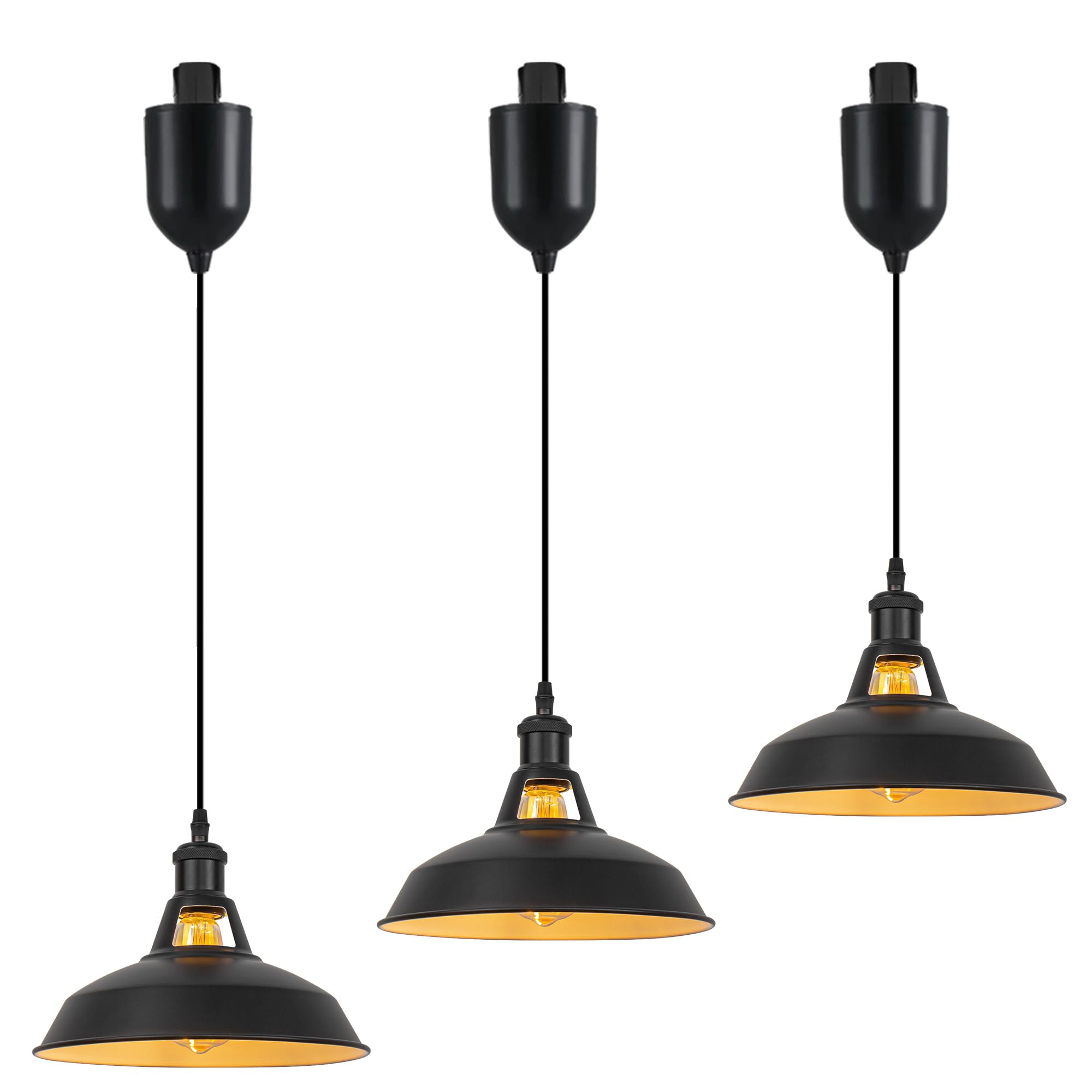 Adjustable Height Juno Track Lighting Pendants - 4 Ft Cord, J-Type Track Pendant Lights with Matte Black Socket & Black Shade, E26 Socket Track Mount for Kitchen Island, Bar Counter & Dining Room Lighting (Set of 3)