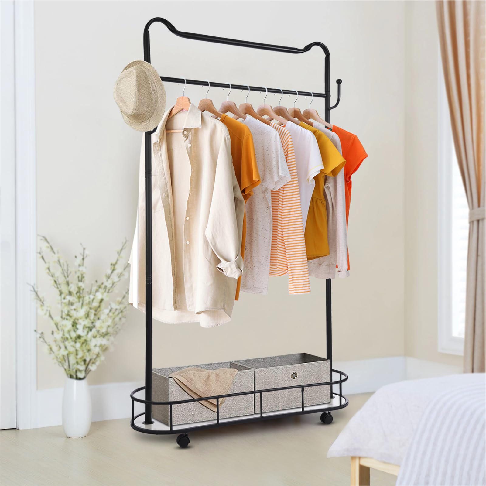 Portable Rolling Coat Rack with Cat Ears - Freestanding Clothes Hanger with Storage Shelf & 4 Hooks for Jackets, Shirts, Dresses - Space-Saving Home Organization Solution for Bedroom, Closet or Entryway (Black)