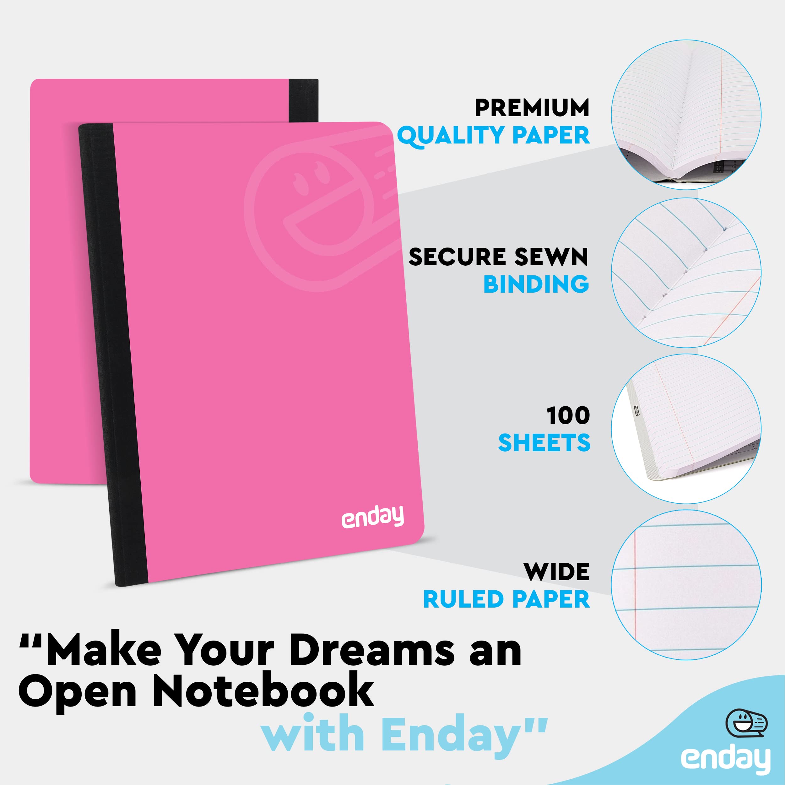 Premium Pink Hard Cover Composition Notebooks - Wide Ruled Paper, 100 Sheets (96 Pack Bulk) - Durable Lined Writing Journals for School, Office & Note Taking - by Enday