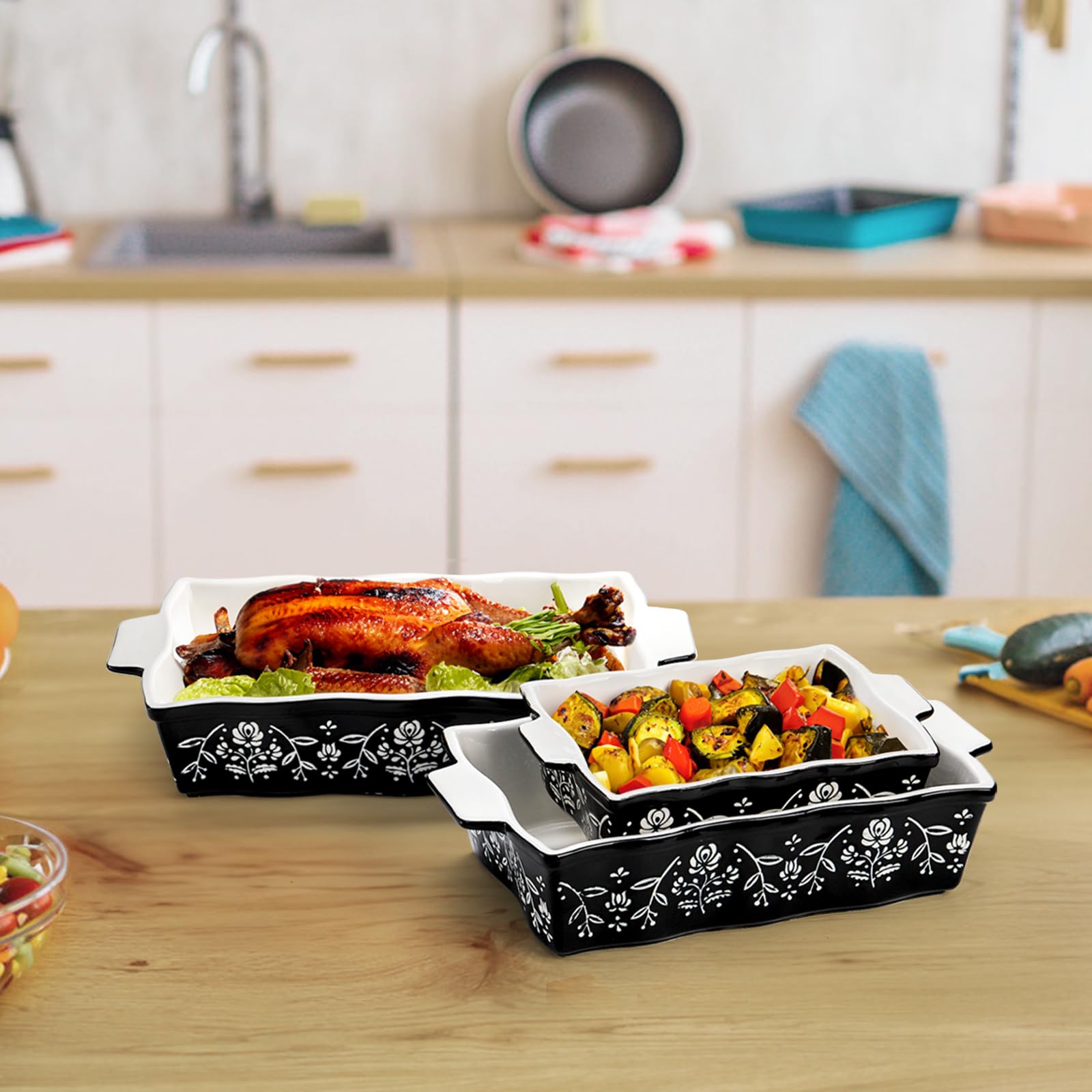Bekith 3-Piece Ceramic Baking Dish Set with Handles - Oven Safe Rectangular Deep Lasagna Pans, Porcelain Bakeware for Cakes, Casseroles & More - Perfect for Baking, Cooking & Serving (Black & White) - Ideal for Family Dinners, Holiday Meals & Potlucks
