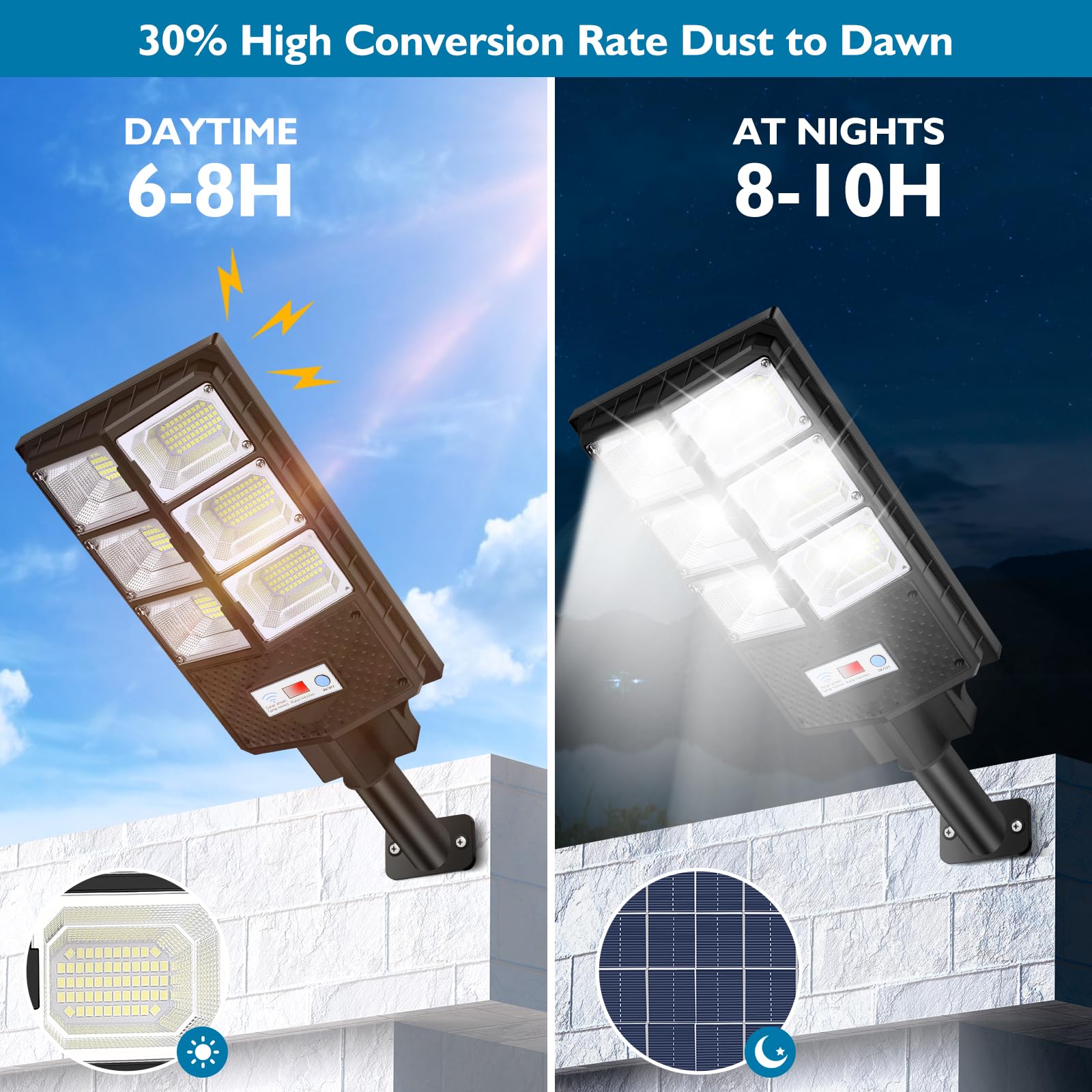VUAA 4 Pack Solar Street Lights Outdoor Waterproof - 6500K 10000LM LED Solar Lights for Outside, Dusk to Dawn Motion Sensor Flood Lighting with Remote Control - Perfect for Parking Lots, Garages, Driveways, Gardens and Pathways