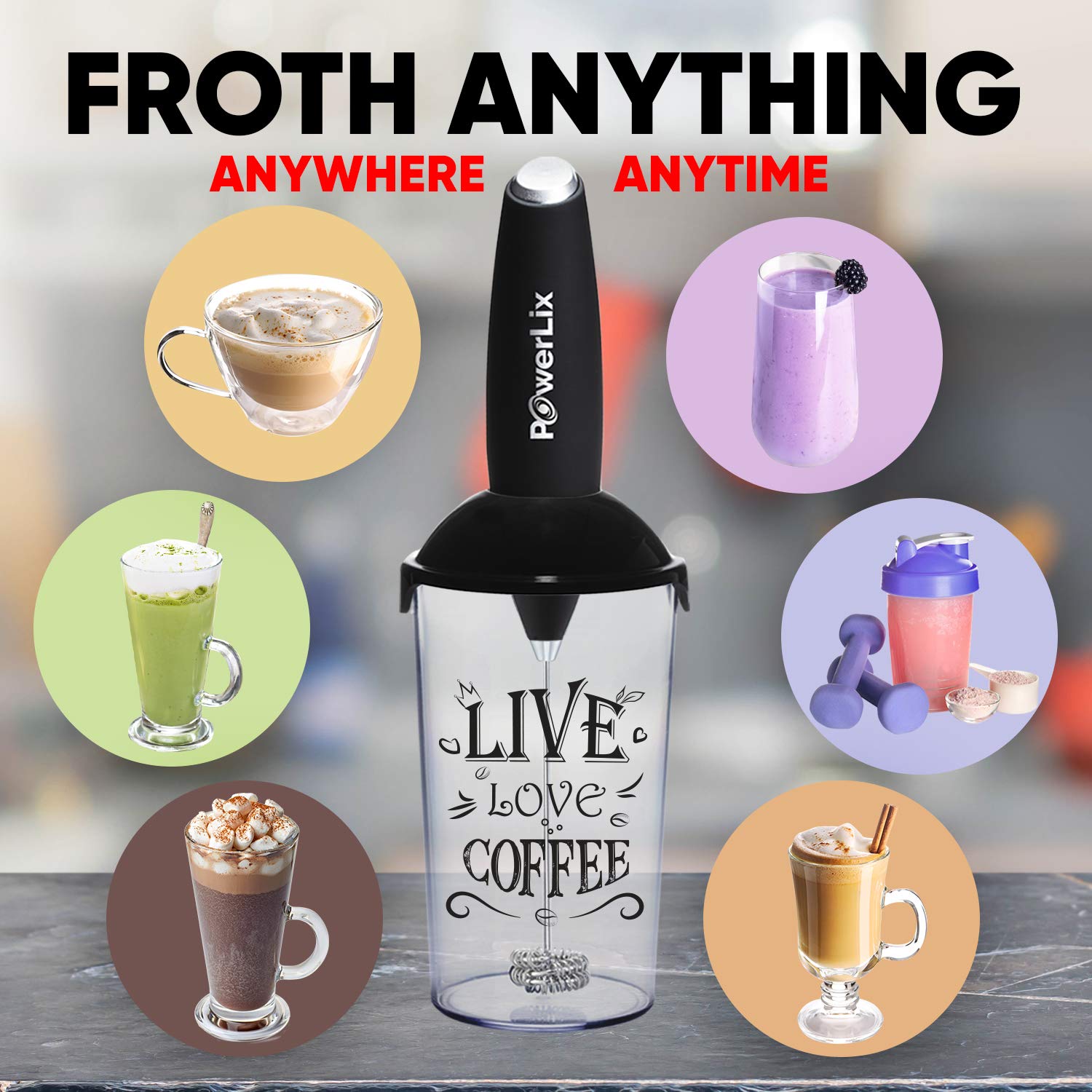 PowerLix Powerful Handheld Milk Frother - Battery Operated Foam Maker for Coffee, Latte & Cappuccino - Compact & Portable Frothing Wand (Black) - Perfect for Home, Office & Travel Use