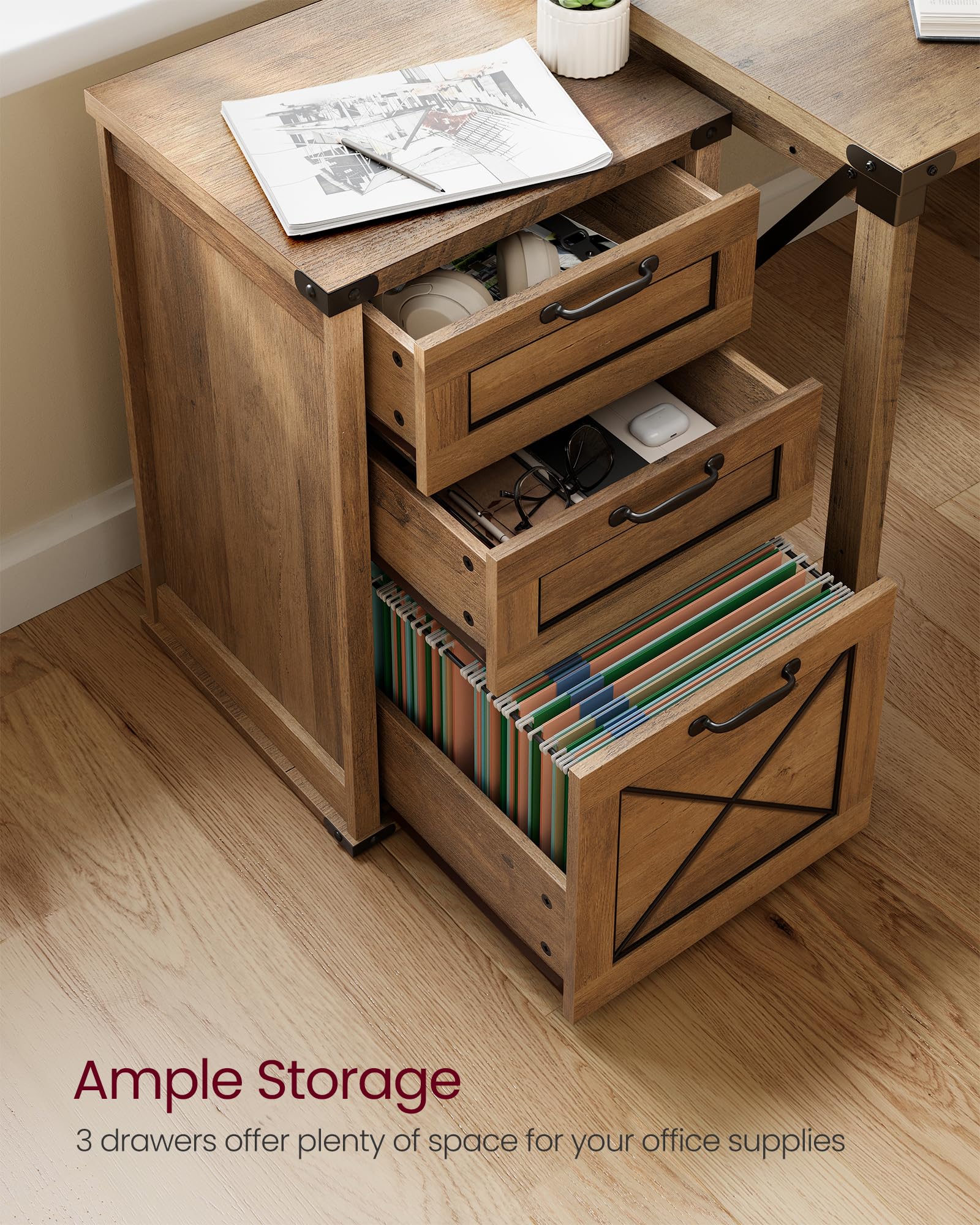 VASAGLE 3-Drawer File Cabinet with Printer Stand - Honey Brown Modern Farmhouse Style Filing Cabinet for A4 & Letter Size Documents, Hanging File Folders - Perfect for Home Office Organization & Workspace Storage