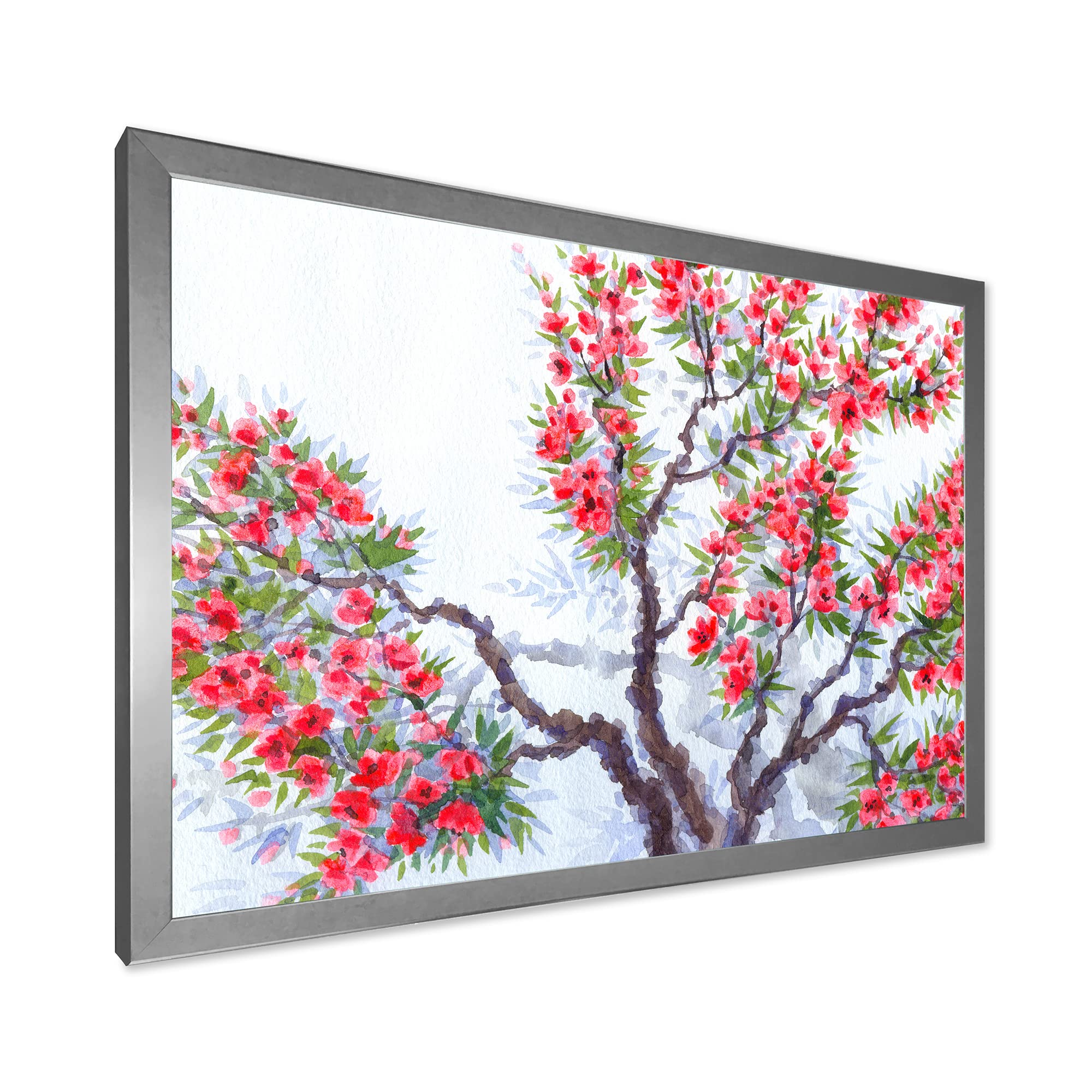 DesignQ Red Flowers of Spring Tree Traditional Framed Wall Art - Hand Painted Canvas Painting for Living Room, Bedroom & Office Decor