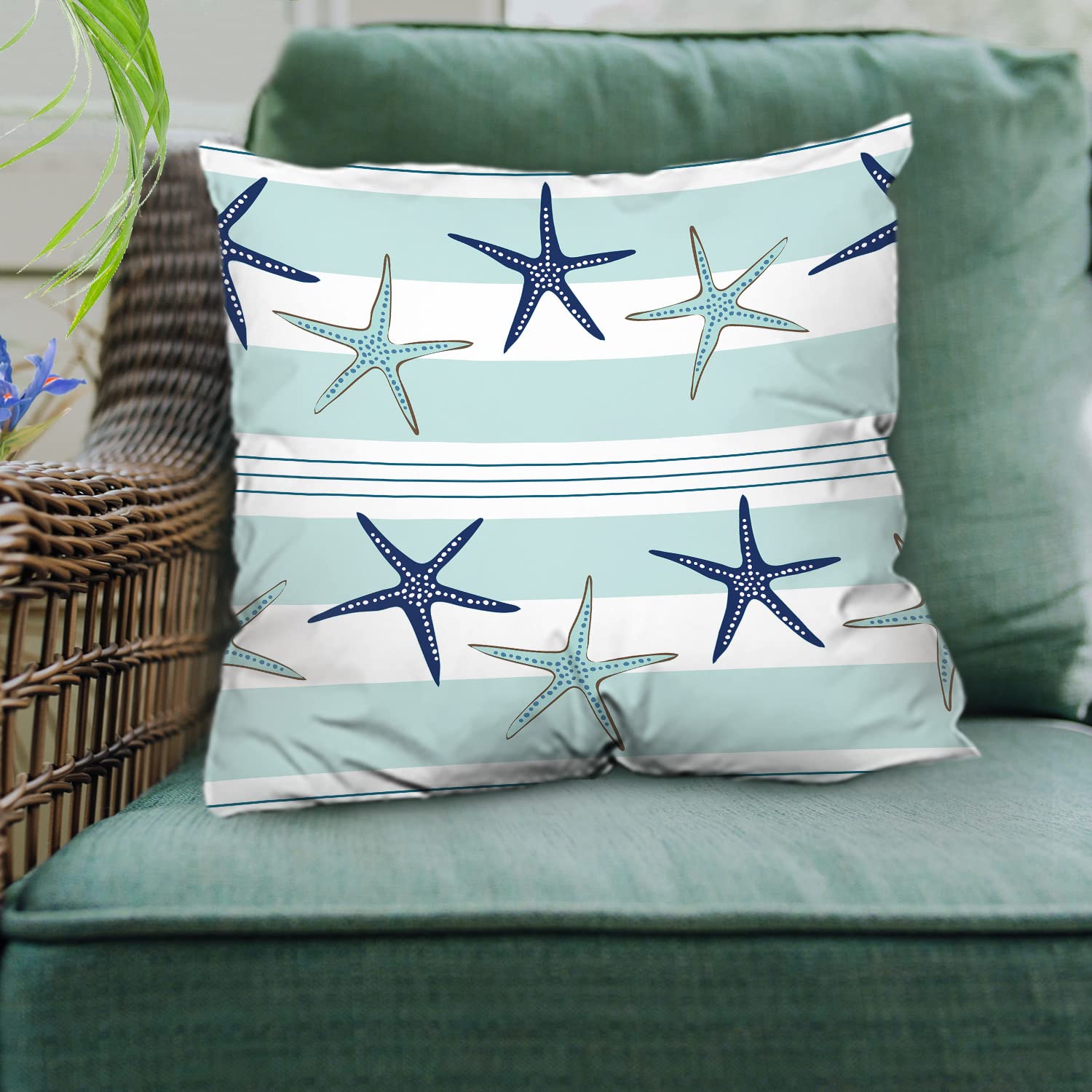 Shrahala Coastal Navy Blue Decorative Pillow Covers - Set of 2, 16x16 Inch Square Starfish Pattern Cushion Cases for Sofa, Bedroom, Car & Home Decor - Turquoise & Navy Blue Throw Pillows for Coastal & Beach House Styling
