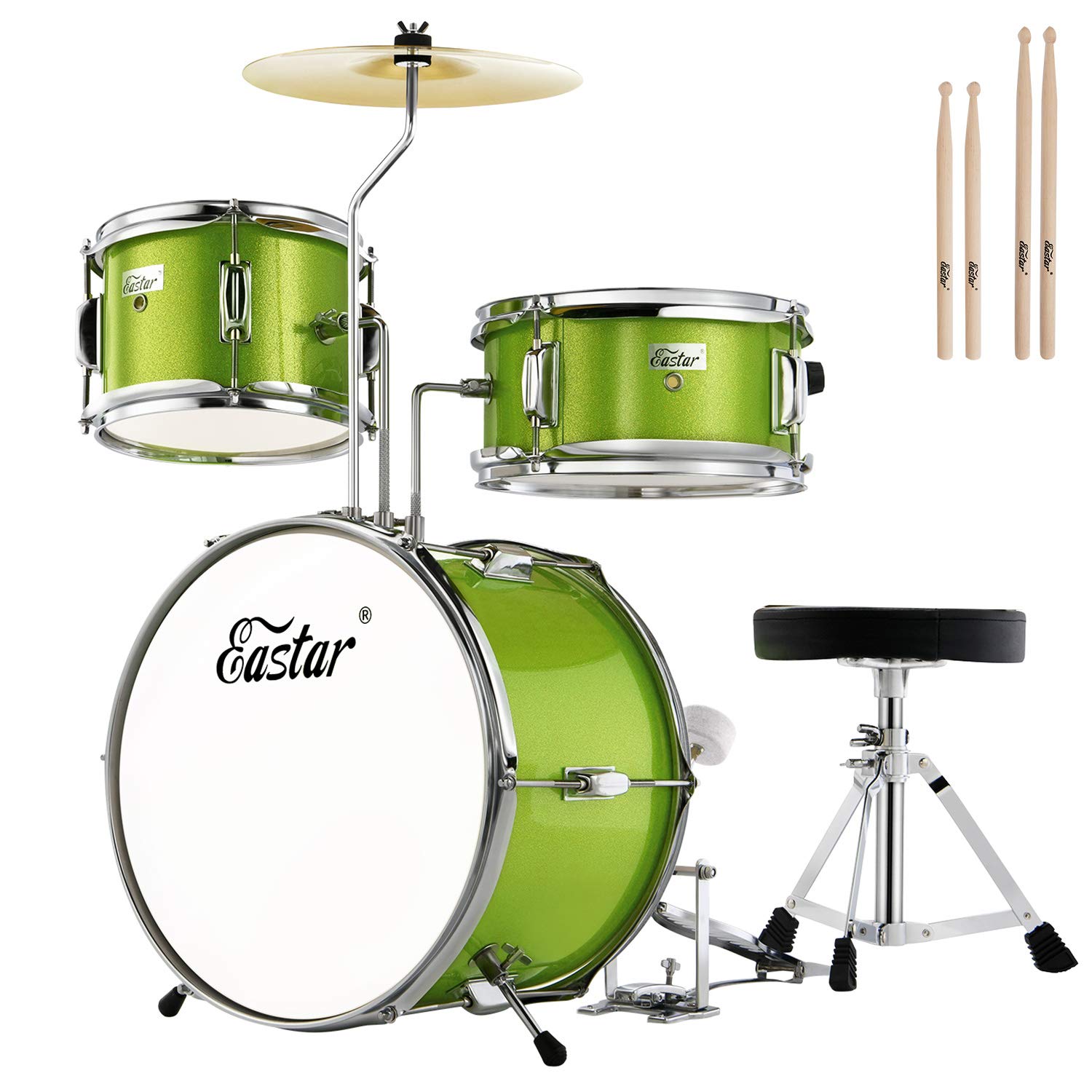 Eastar 3-Piece Kids Drum Set for Ages 3-8 - Adjustable Throne, Cymbal, Pedal & 2 Pairs Drumsticks - Junior Drum Kit with Bass, Tom & Snare Drum in Metallic Green - Perfect for Birthday Gifts, Music Lessons & Home Play