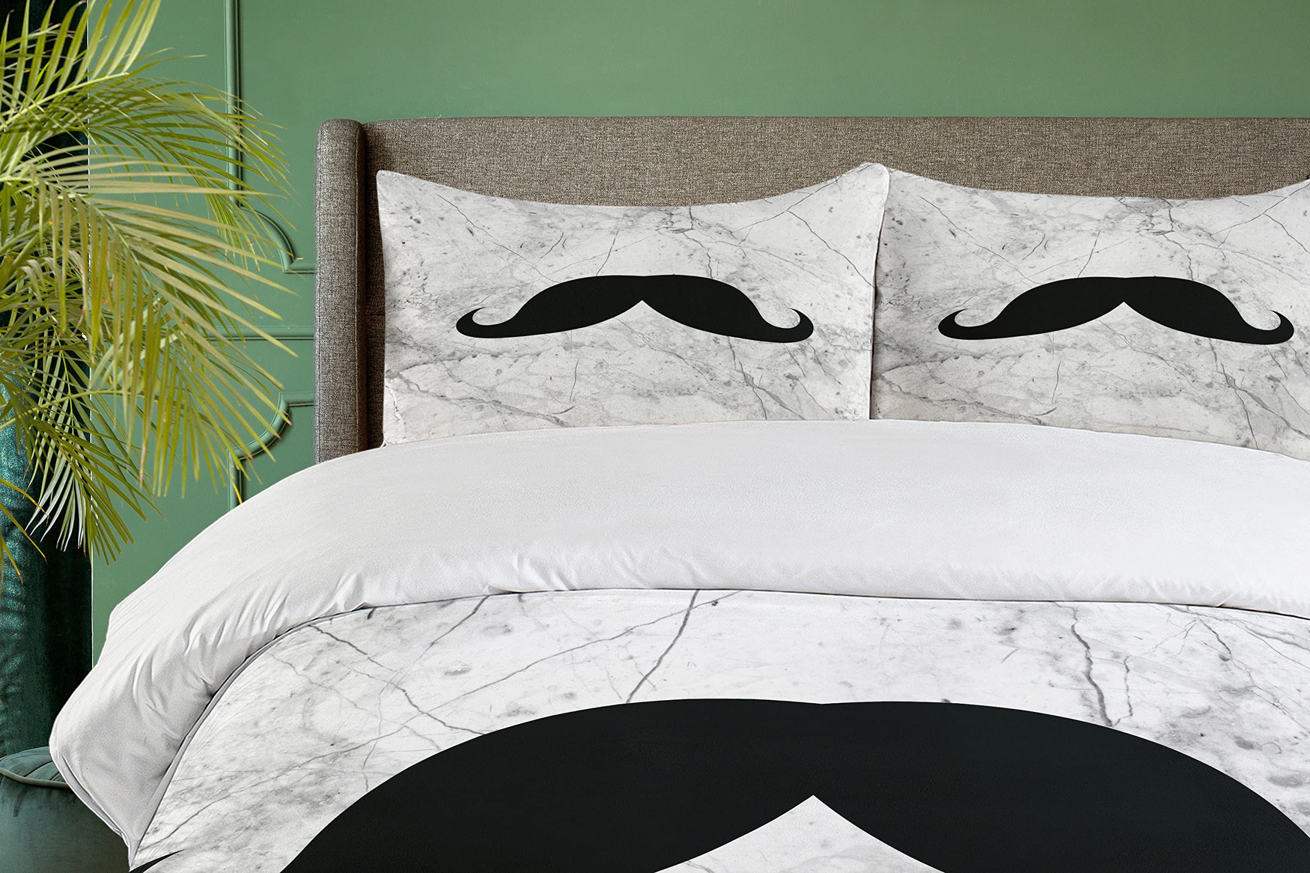 Ambesonne Manly Duvet Cover Set - Retro Mustache Design on Grunge Marble Backdrop, 3-Piece Queen Size Bedding Set with Pillow Shams, Grey Black White | Stylish Home Decor for Men's Bedroom, Perfect Gift for Husband or Boyfriend