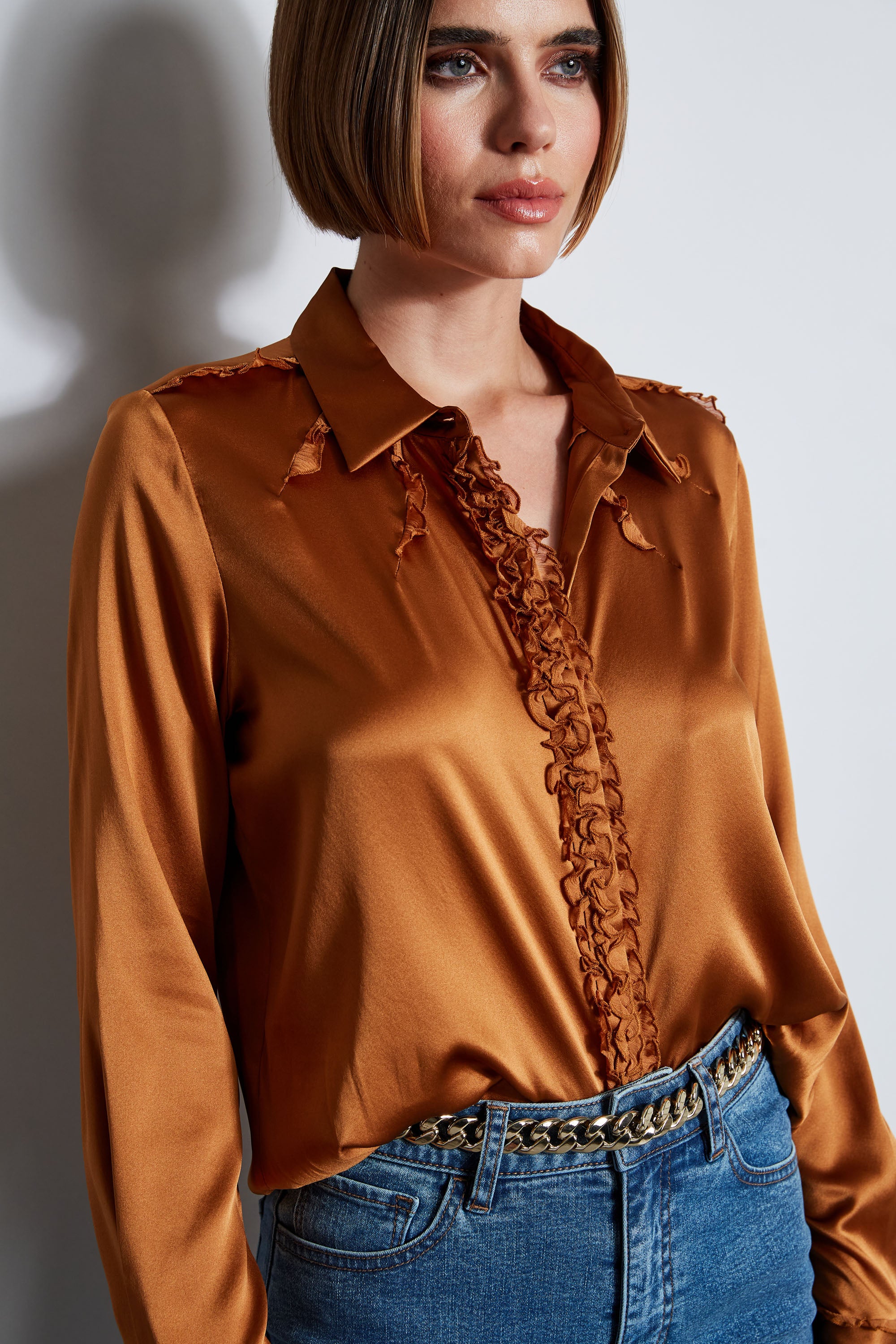 Elegant Chiffon Ruffle Silk Satin Blouse for Women - Office Wear & Evening Party Outfit