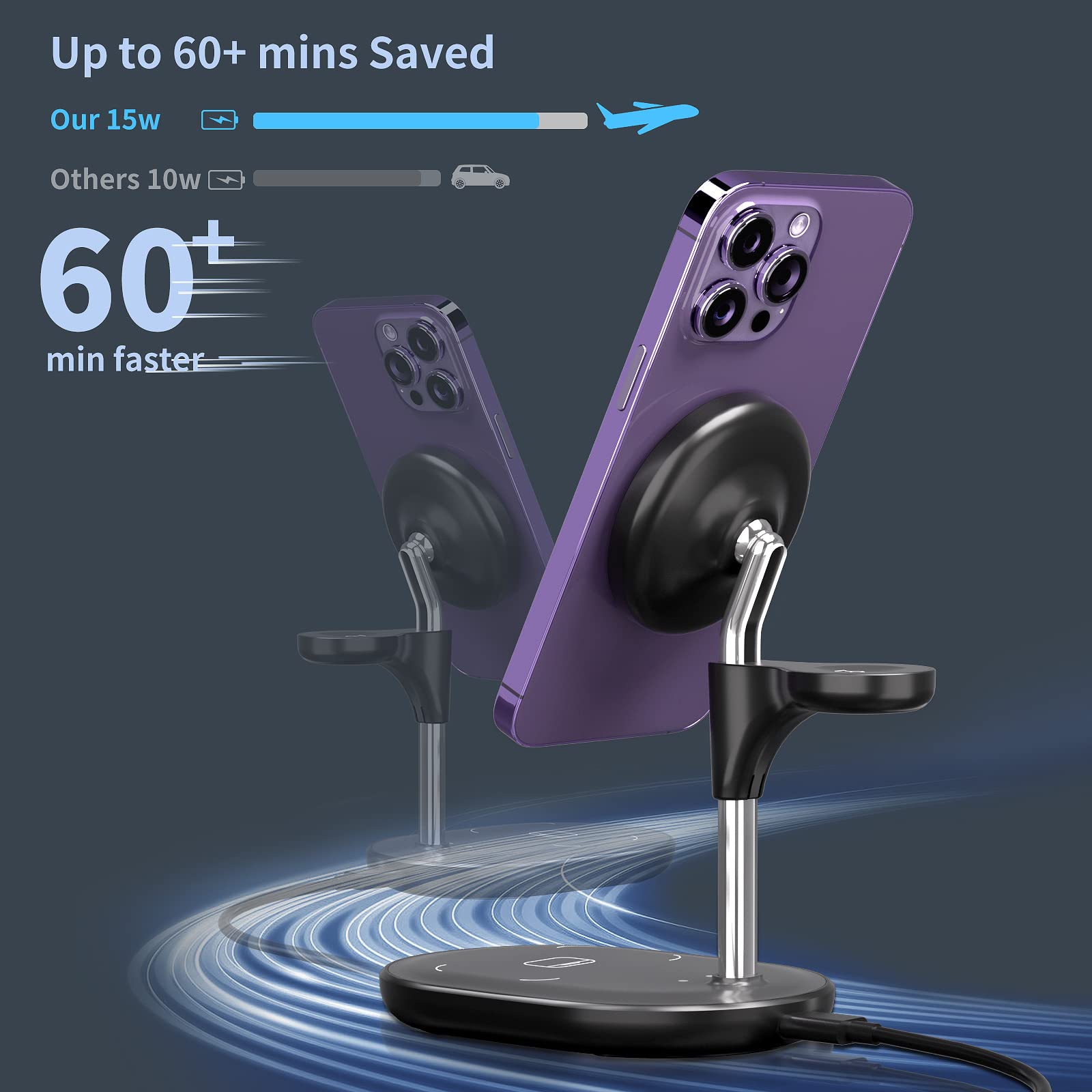 3-in-1 Magnetic Wireless Charging Station for iPhone 15/14/13/12 Pro Max/Plus/Pro, Apple Watch & AirPods - Fast Qi-Certified MagSafe Charger Stand - Perfect Gift for Men & Women (Black) | Home Office & Nightstand Charging Solution