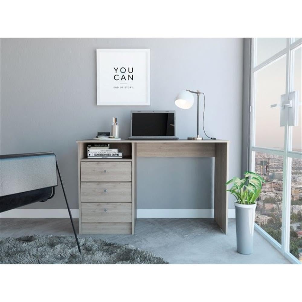 Modern 3-Drawer Computer Desk with Open Storage Shelf, Light Gray - Perfect for Home Office, Study, and Small Spaces - Ergonomic Workstation for Laptops & Desktops