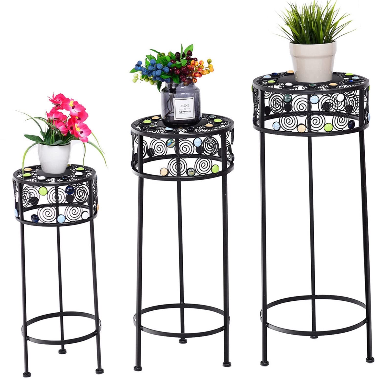 Iron Plant Stand Set of 3 - Decorative Flower Pot Holder with Ceramic Beads for Indoor/Outdoor Plants - Perfect for Home Garden, Patio, and Balcony Decor