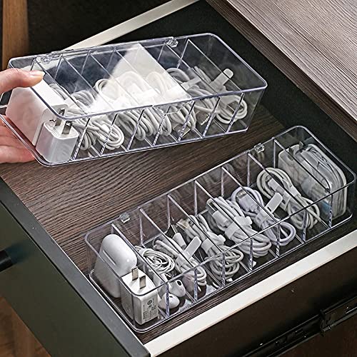 Transparent Plastic Cable Storage Box - 8 Grid Organizer with Cover for Data Cords, Desk Stationery, Makeup & Jewelry | Perfect for Office, Home & Travel Organization