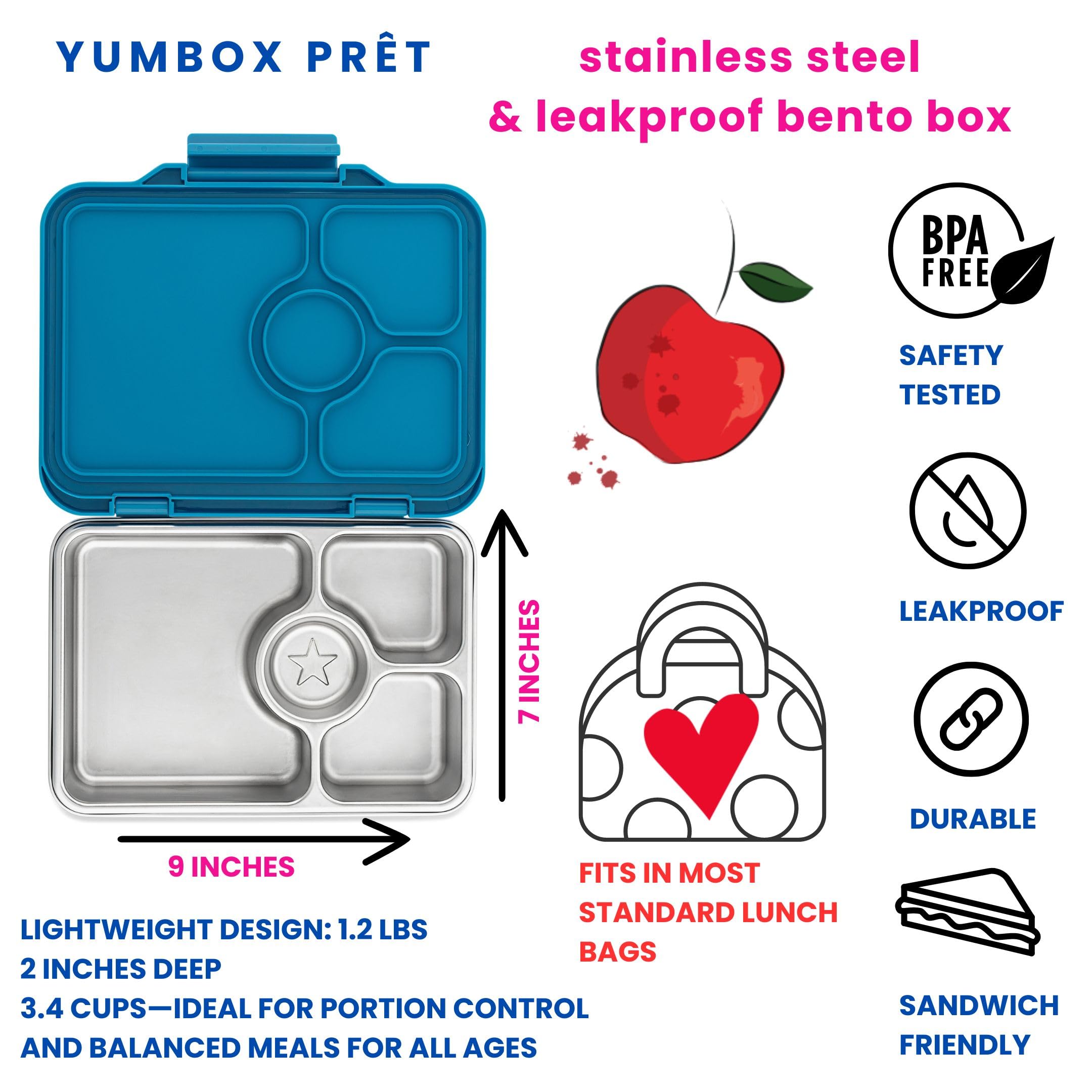 Yumbox Prêt Stainless Steel Bento Box - Leakproof Lunch Container with Sandwich Tray, Eco-Friendly & Durable (Glitter Blue) | Perfect for School, Office, Picnics & Travel