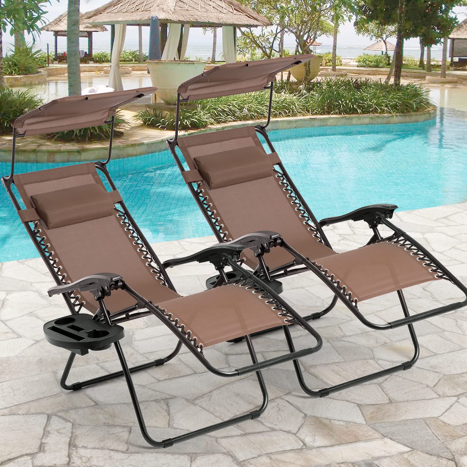 BestMassage Zero Gravity Recliner Chair 2-Pack with Folding Canopy Shade & Cup Holder - Patio Lounge Chairs for Outdoor Relaxation, Backyard, Poolside, and Garden (Brown)