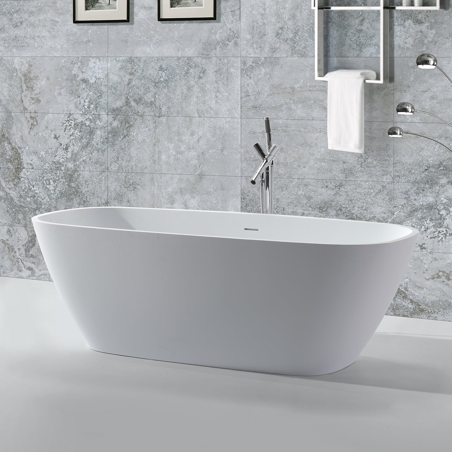 DAX Oval Freestanding Matte Solid Surface Bathtub with Central Drain & Overflow - Fiberglass Reinforced, Stainless Steel Frame, 67.75