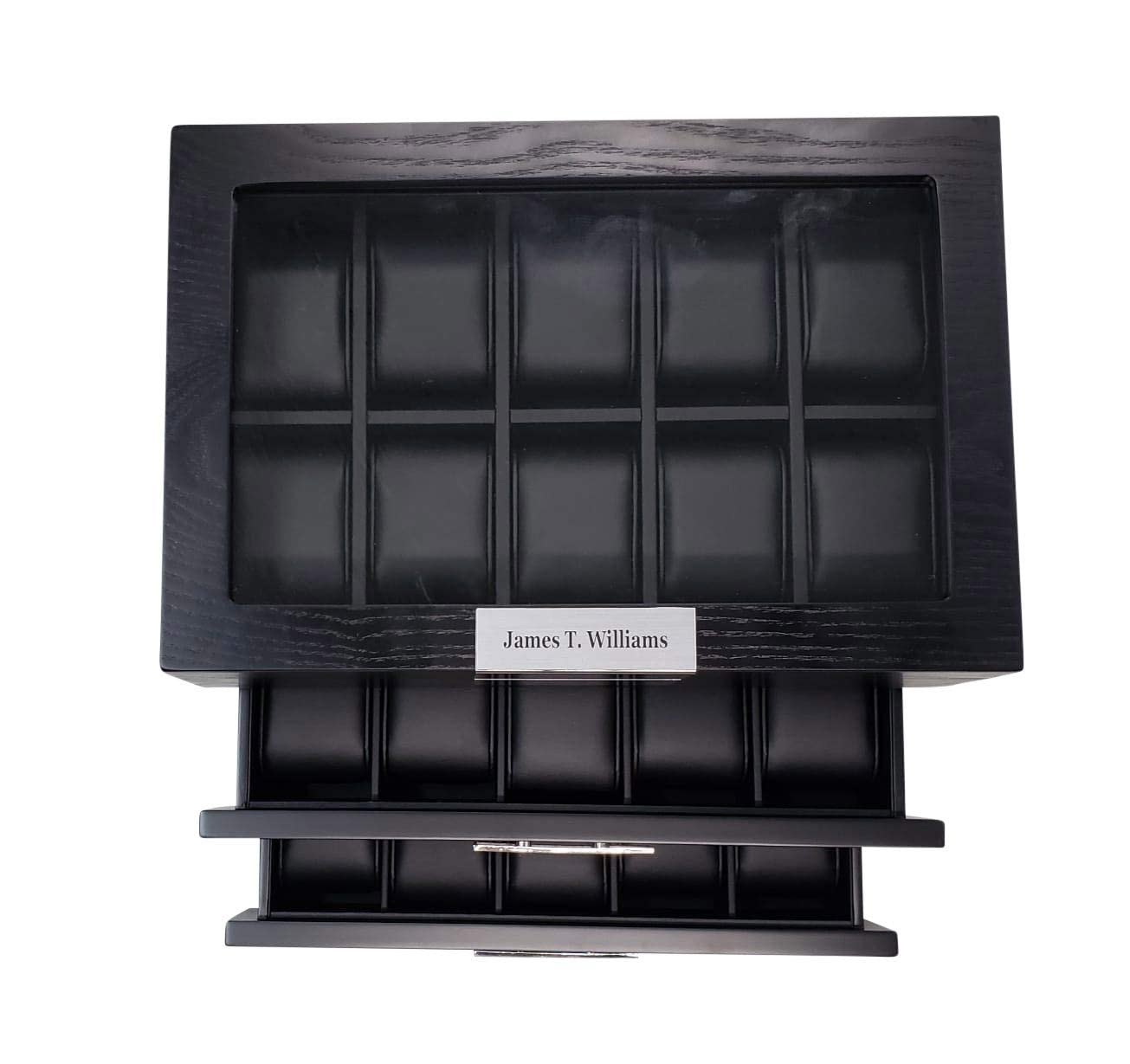 Personalized Ebony Wood Watch Display Case - 3-Tier Jewelry Organizer with Glass Top, Stainless Steel Accents & 2 Drawers - Luxury Watch Storage Box for Men & Women - Perfect for Home, Office or Gift Giving