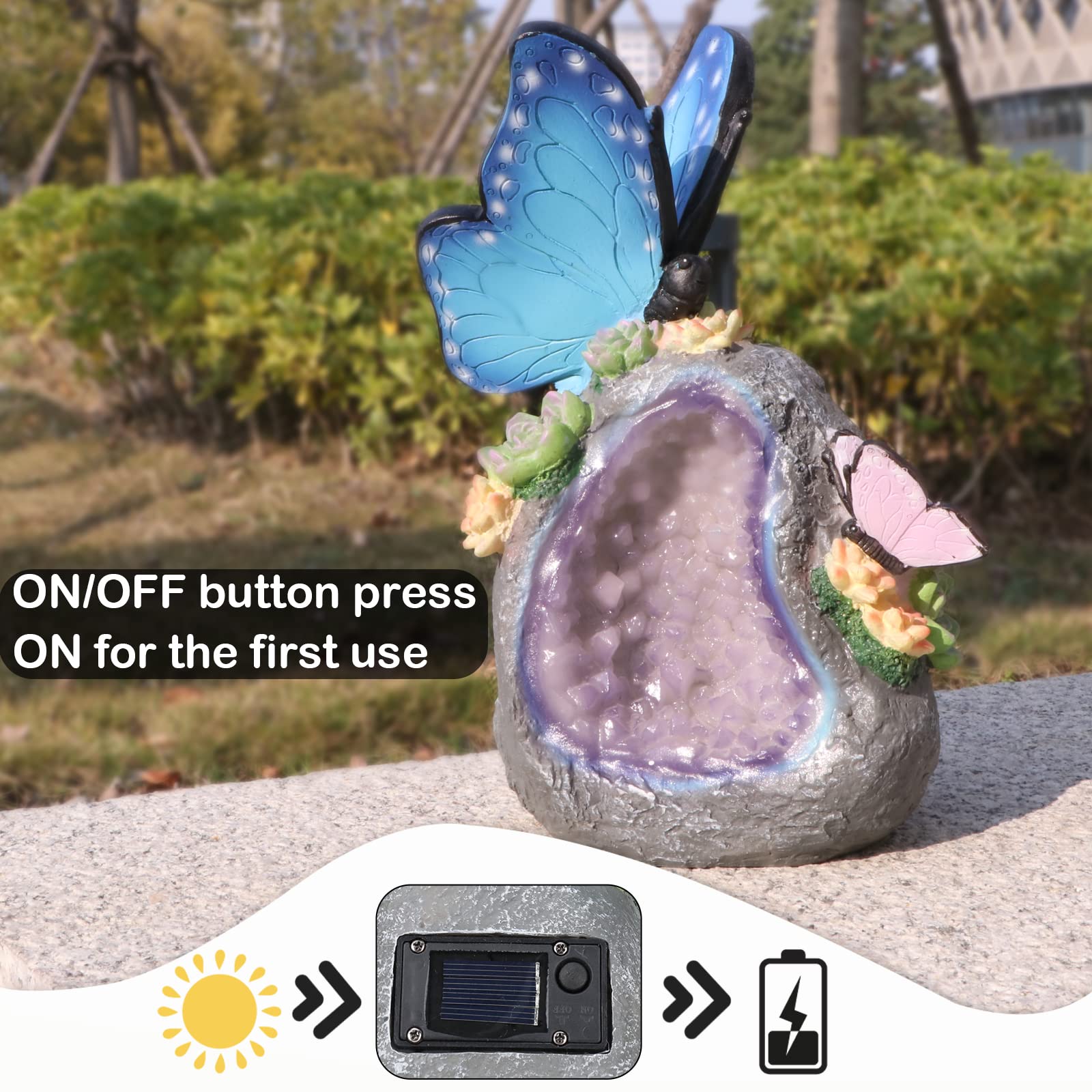 Solar-Powered Butterfly Garden Statue - Outdoor Resin Geode Stone Figurine with LED Lights for Patio, Balcony, Lawn Decor | Perfect for Garden Parties, Wedding Decorations & Backyard Landscaping