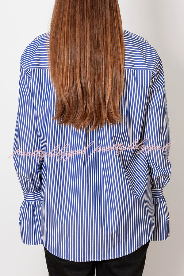 Women's Striped Print Ruffled Long Sleeve Blouse with Pockets - Casual Loose Fit Shirt for Work, Date Night & Everyday Wear