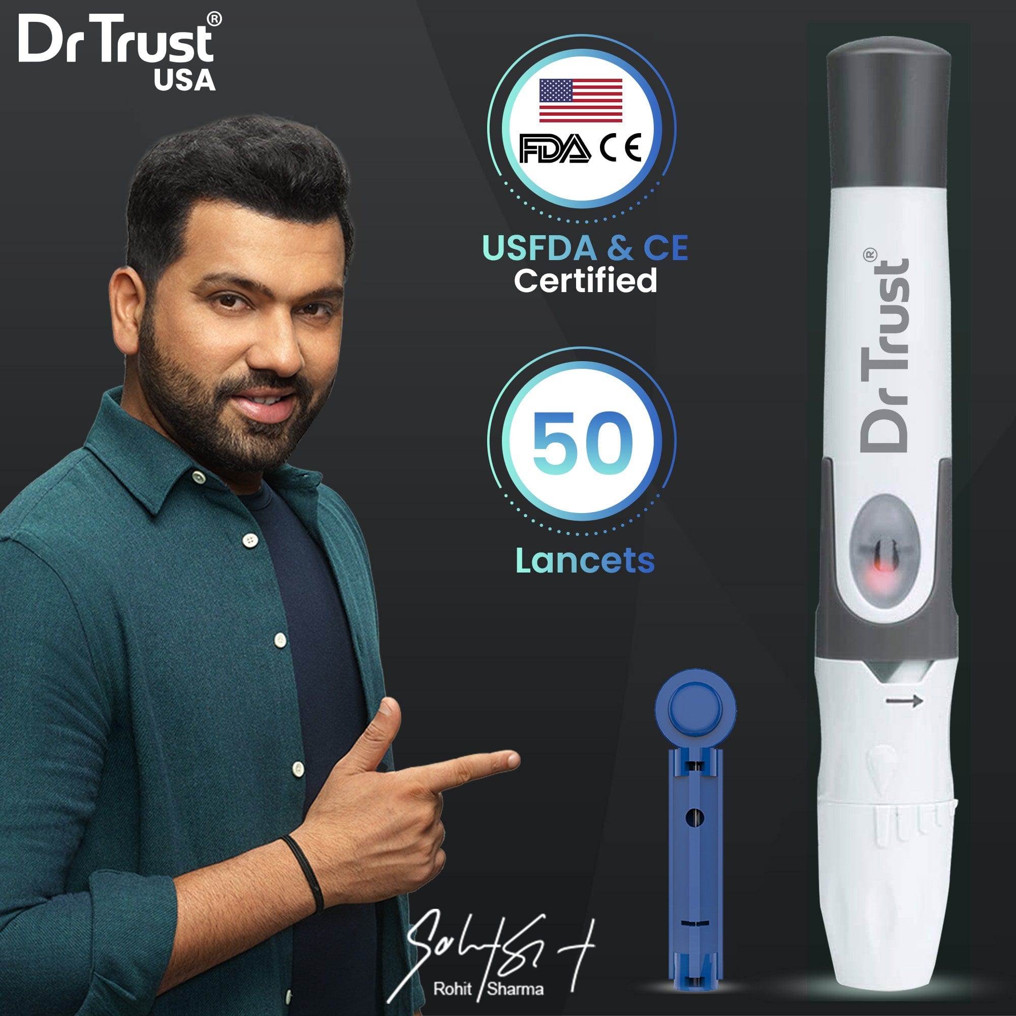 Dr Trust USA Diabetic Lancing Device Pen & 50 Round Lancets 9007 - Universal Compatibility with All Glucose Meters - Pain-Free Blood Sugar Testing for Home & Travel Use