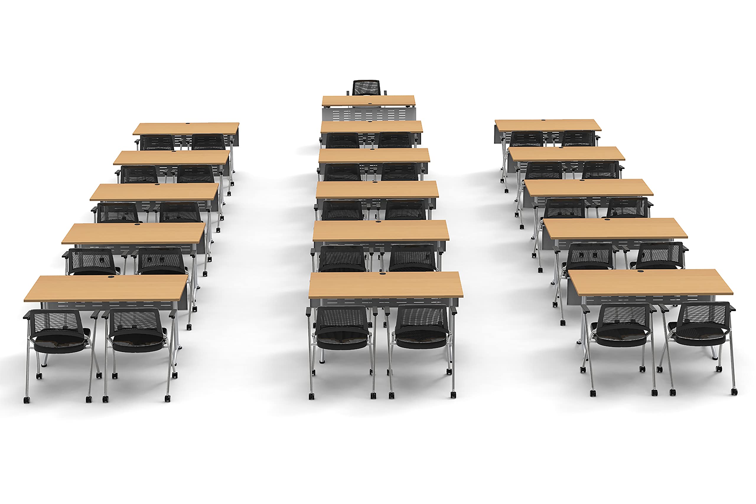 31-Person Folding Conference Table Set with Beech Chairs & Modesty Panels - 63pc Connectable Classroom Tables for Training, Meetings & Seminars - Space-Saving Nesting Design for Compact Storage - Ideal for Office, School & Event Venues