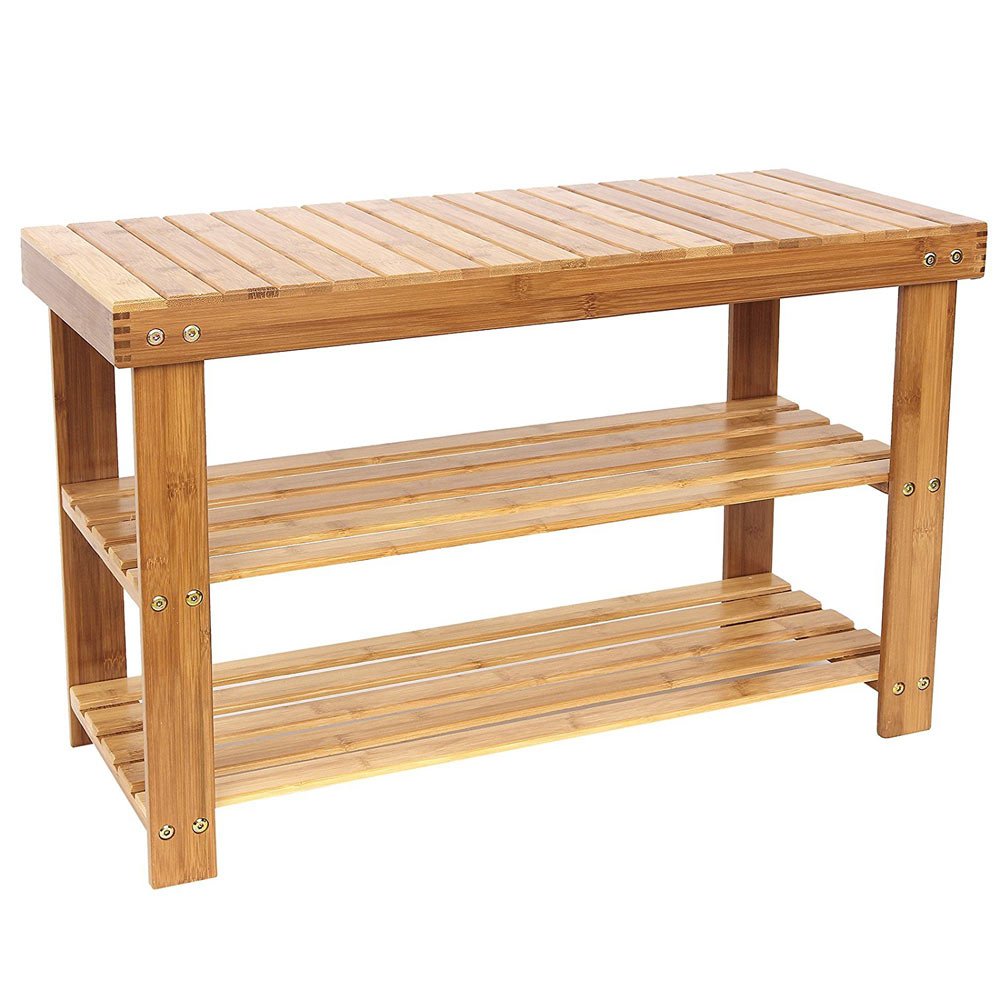 Lykos Bamboo Shoe Storage Bench - Entryway Organizer with Rack Shelf for Boots & Shoes - Perfect for Hallway, Mudroom, or Closet Organization