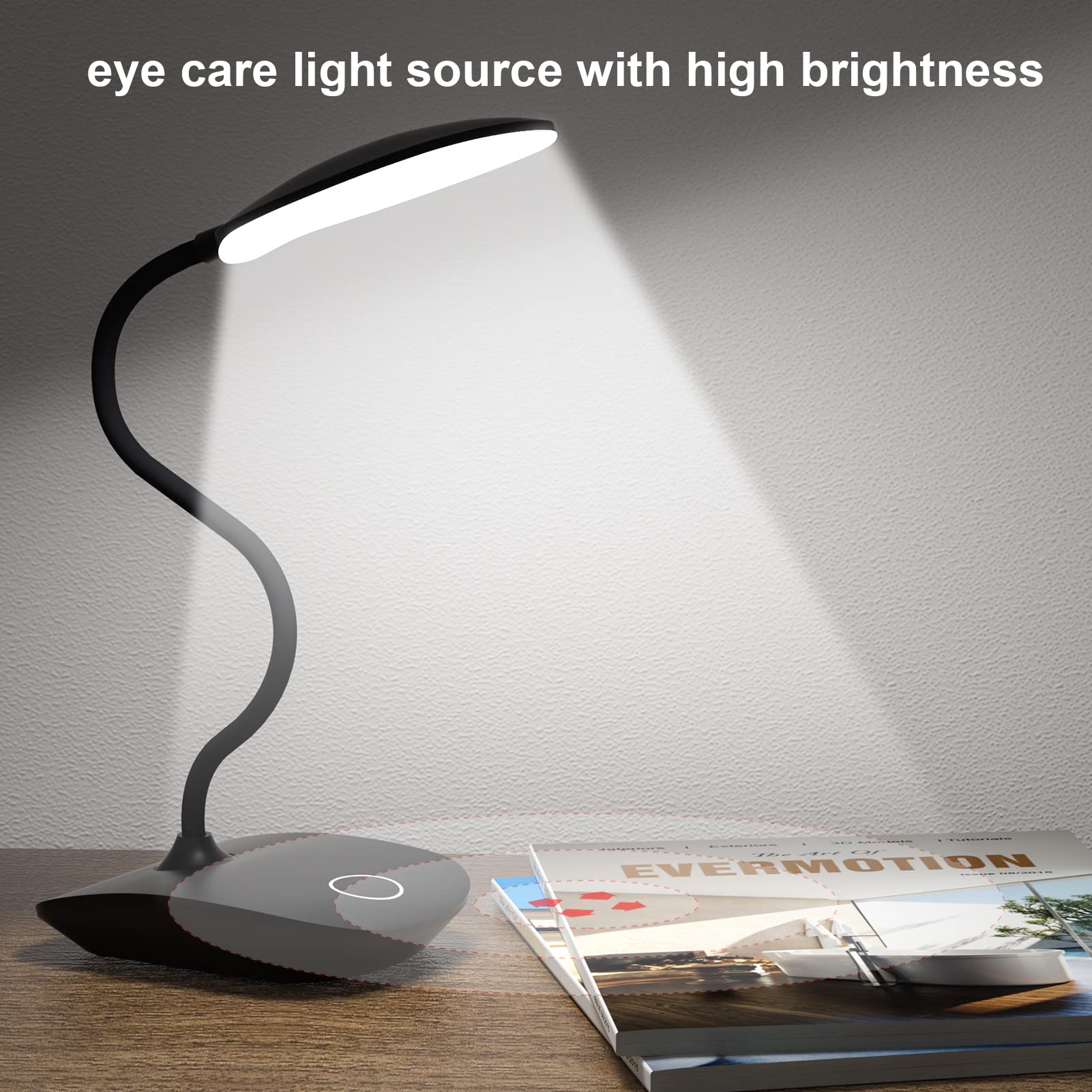 DEEPLITE Battery Operated LED Desk Lamp - 3 Stepless Dimming Modes, 5W Touch Control Eye-Caring Light with Flexible Gooseneck, Portable Reading Light for Study, Office, Dorm & Bedroom (Set of 2) - Perfect for Night Reading, Home Office Work and College Student Study Sessions