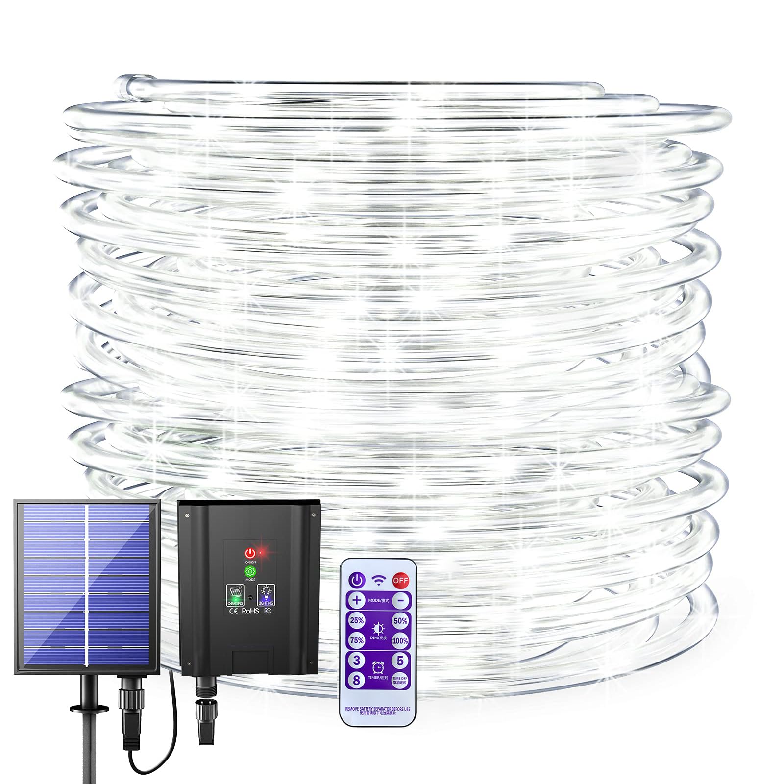 200 LED Solar Rope Lights Outdoor Waterproof - 72ft Solar String Lights with Remote Control | Cool White Solar Tube Fairy Lights for Garden, Pool, Fence, Path, Wedding & Party Decorations | Perfect for Backyard, Patio, Landscape Lighting