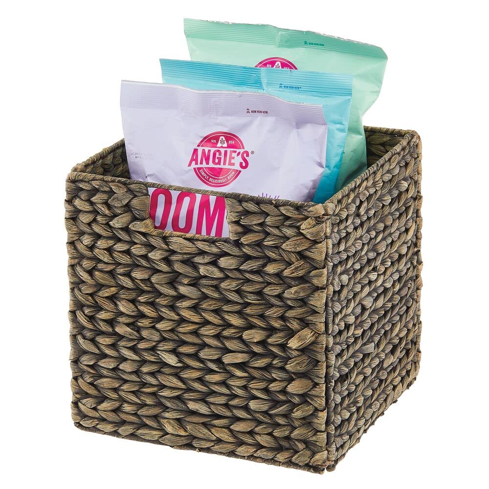 mDesign Natural Woven Hyacinth Cube Storage Basket with Handles - 4 Pack Black Wash Organizer for Kitchen, Pantry & Cubby Units | Perfect for Snacks, Small Appliances & Home Organization | Space-Saving Cabinet & Shelf Storage Solution