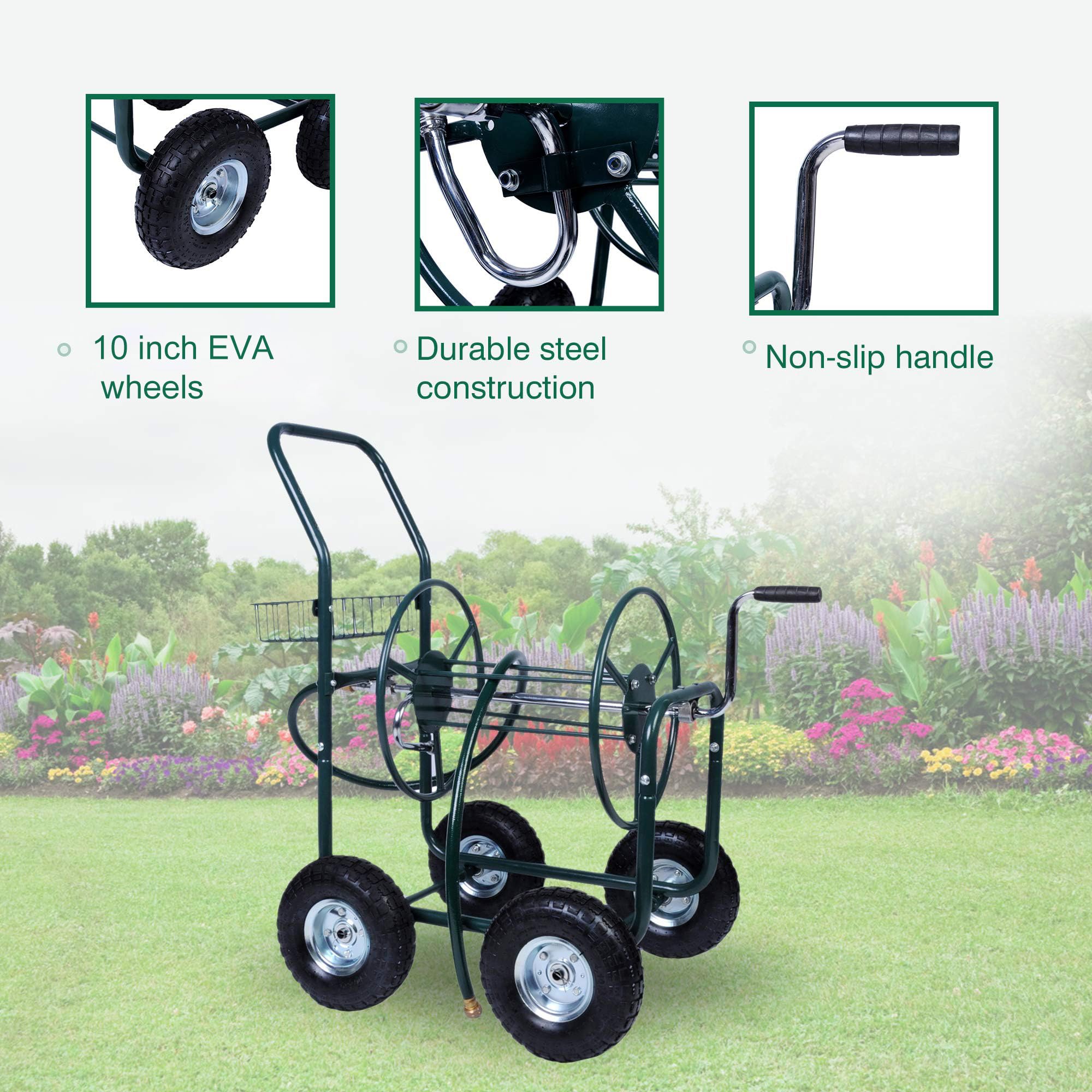 Heavy Duty 4 Wheel Garden Hose Reel Cart with Storage Basket - 390FT Capacity for Yard Watering, Planting & Outdoor Use - Perfect for Lawn Care, Gardening and Backyard Maintenance
