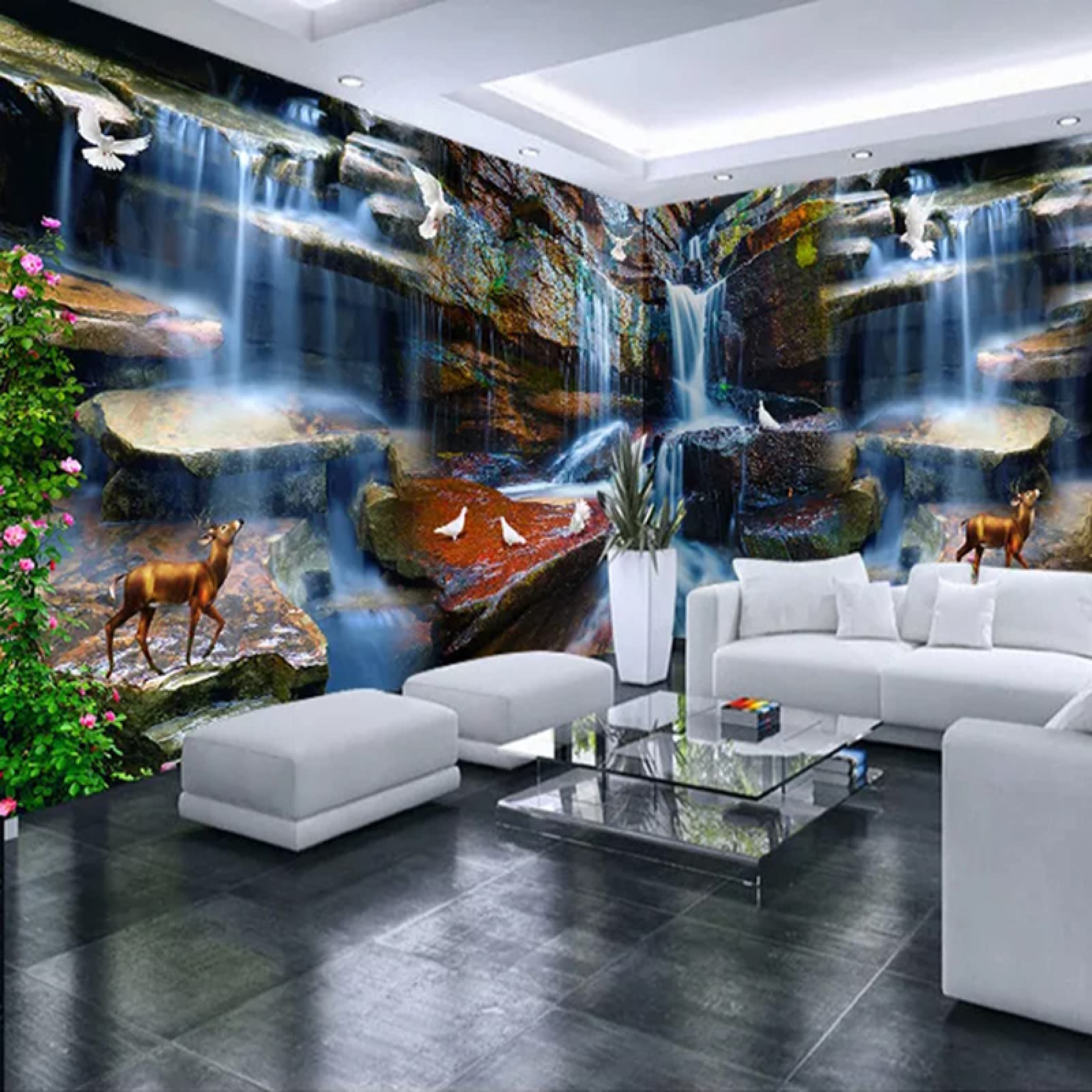 Large Peel and Stick Wall Mural - Deer Animal Landscape with Waterfall | 138x96 Inch Removable Wall Decal for Kids Room, Nursery, Bedroom Decor | Perfect as Child Gift & Home Wall Art Poster | Easy DIY Wallpaper for Playrooms, Dorm Decor, and Living Room Accent Walls
