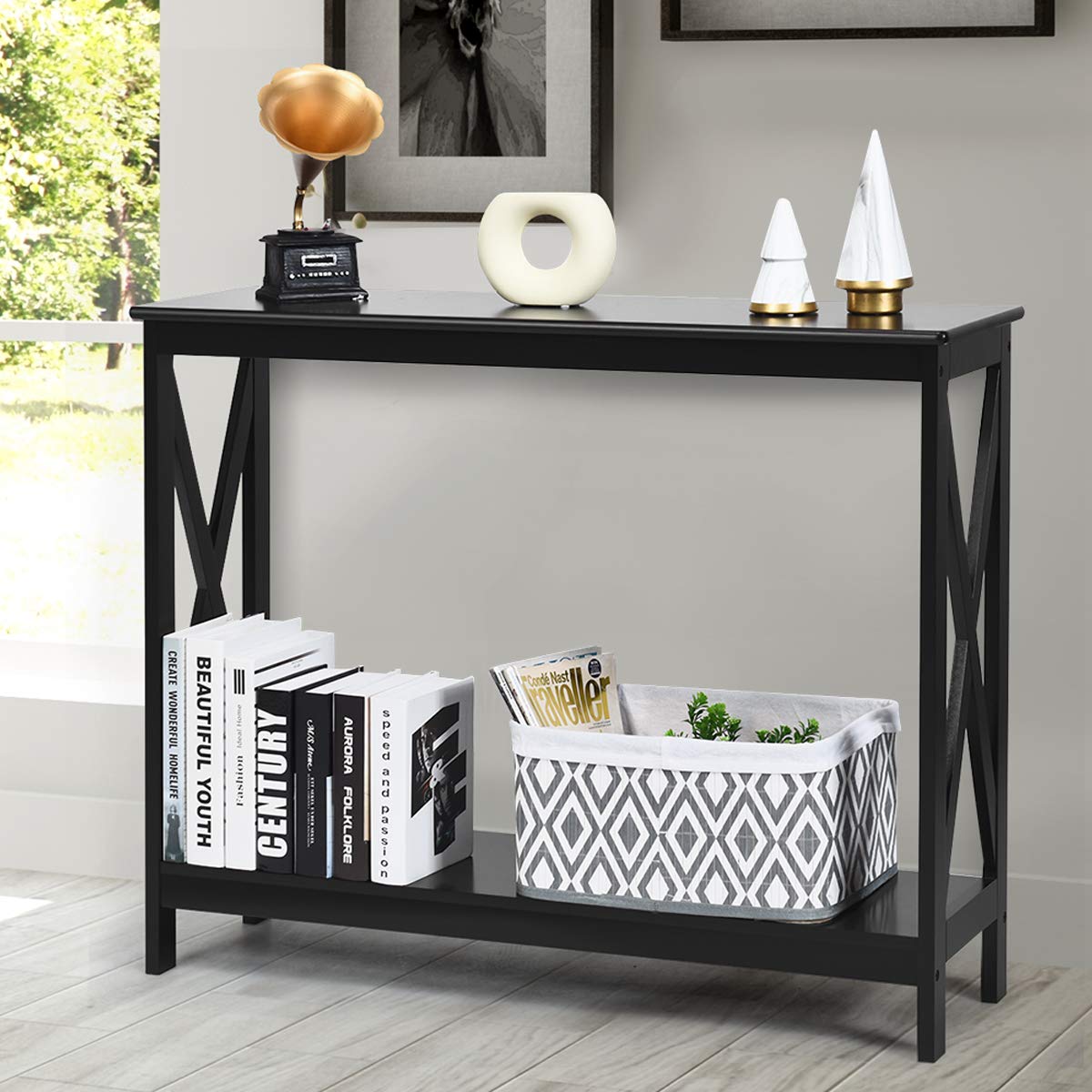 Giantex X-Design 2-Tier Console Table with Storage Shelf, Narrow Entryway Sofa Side Table for Hallway & Living Room - Perfect for Home Decor, Bookshelf & Accent Display (Black)