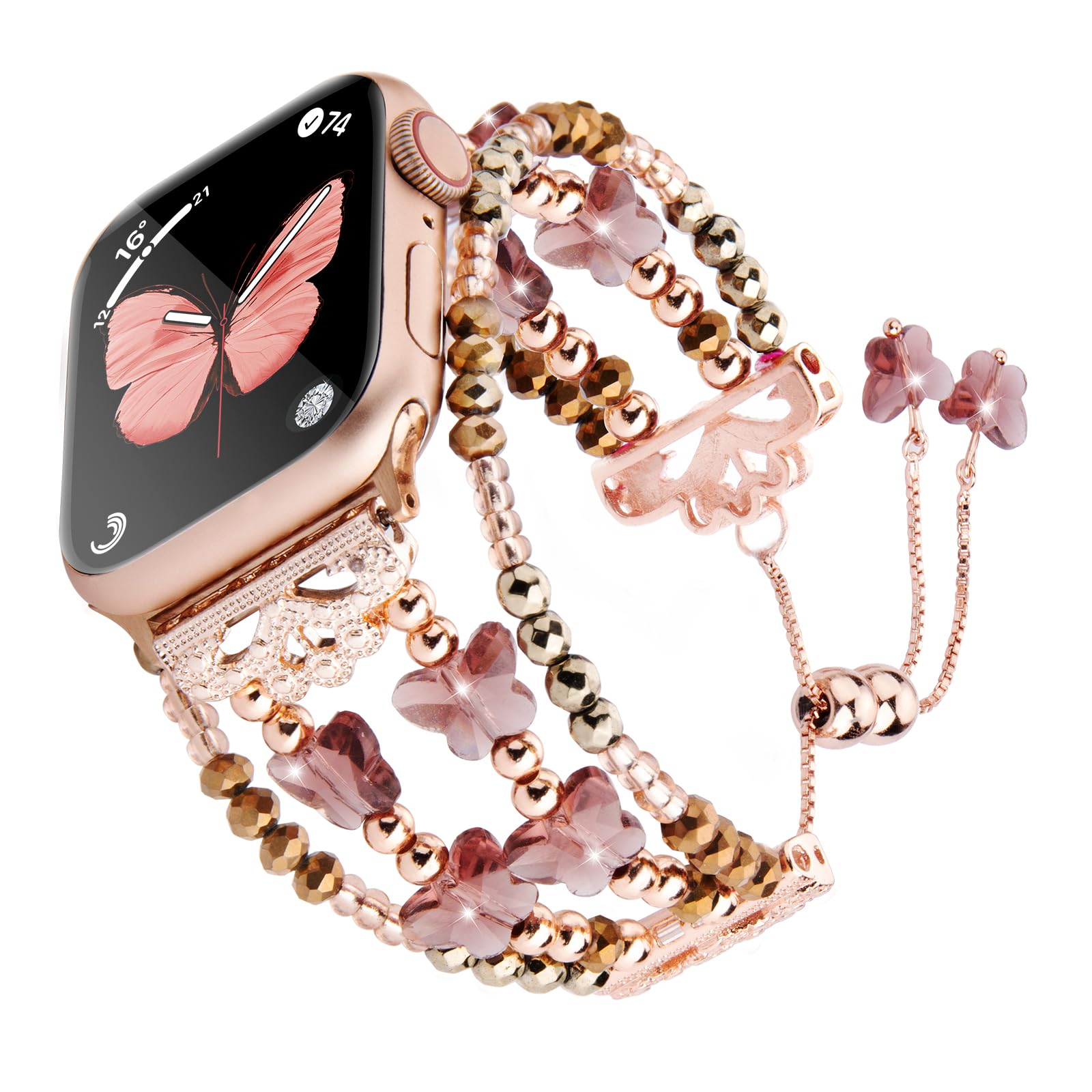 TOMAZON Boho Beaded Charm Butterfly Bracelet Bands for Apple Watch Series 9/8/7/SE/6/5/4/3/2/1 - 38mm 40mm 41mm Women's Thin Wristbands in Rose Gold | Stylish Accessory for Everyday Wear, Workouts & Boho Fashion
