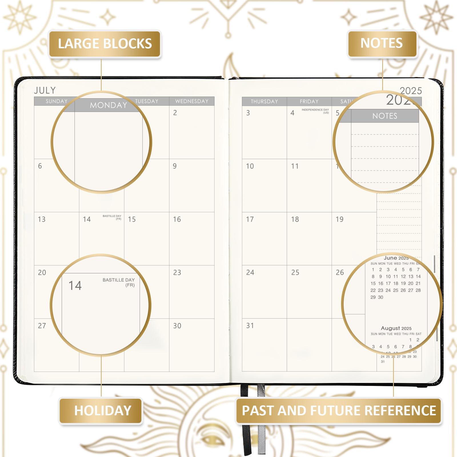 Artfan 2025-2026 Academic Planner - Premium Leather Cover Weekly Planner with Gold Foil Stamping, July 2025 to June 2026, Includes 25 Note Pages & Accordion Pocket for School, College, Office & Personal Organization (Black)