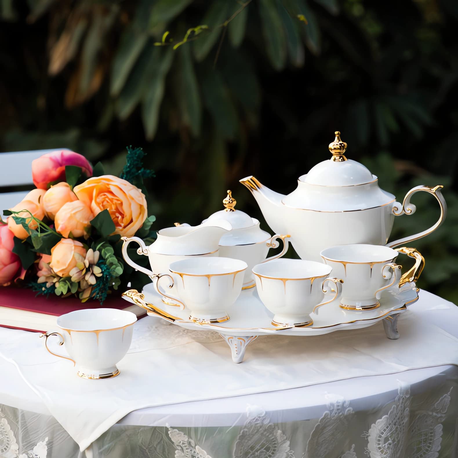 ACMLIFE Fine Bone China Tea Set for 6 - Elegant White Porcelain Tea Cups & Saucers - Perfect for Afternoon Tea Parties, Bridal Showers & Gift Giving - Ideal for Home Entertaining & Special Occasions