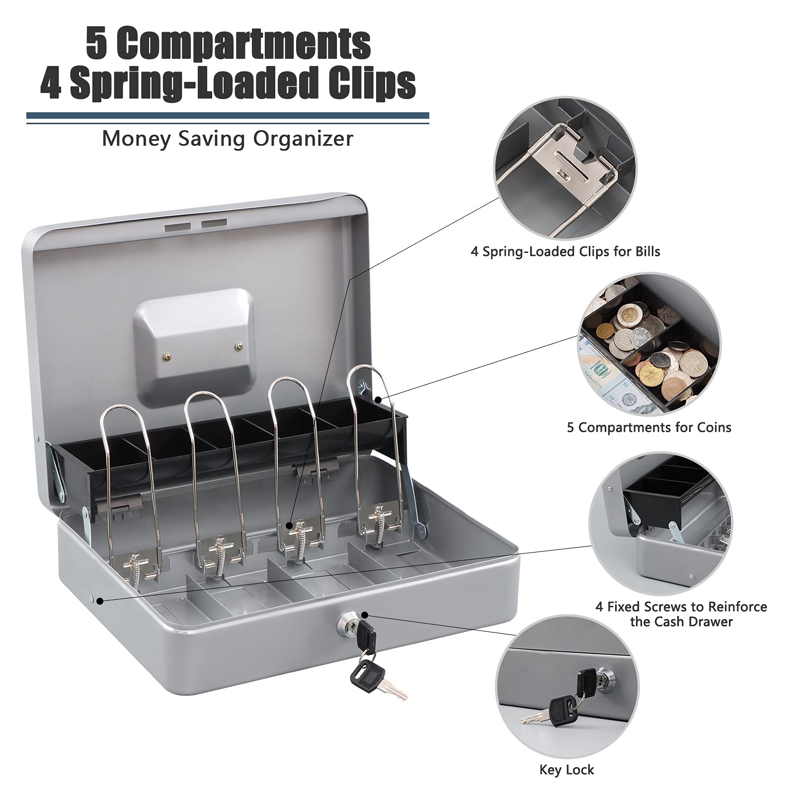 KYODOLED Large Locking Cash Box with Key - 11.81