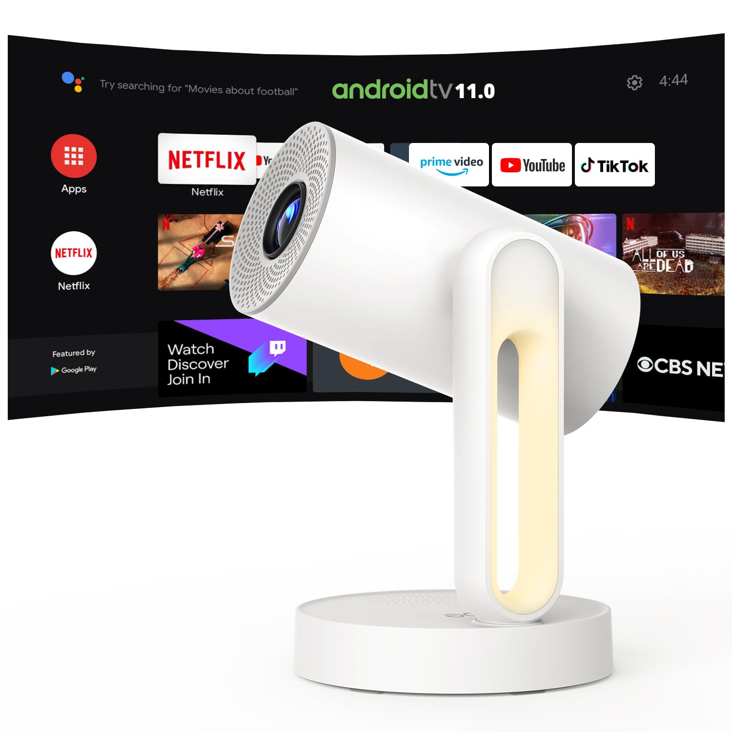 ETOE 4K Android TV 11.0 Smart Projector with Netflix Certification - 300 ANSI Lumens, Auto Keystone, Rotating Ceiling Mount, 5G WiFi & Chromecast Support (White) - Perfect for Home Theater, Gaming & Outdoor Movie Nights