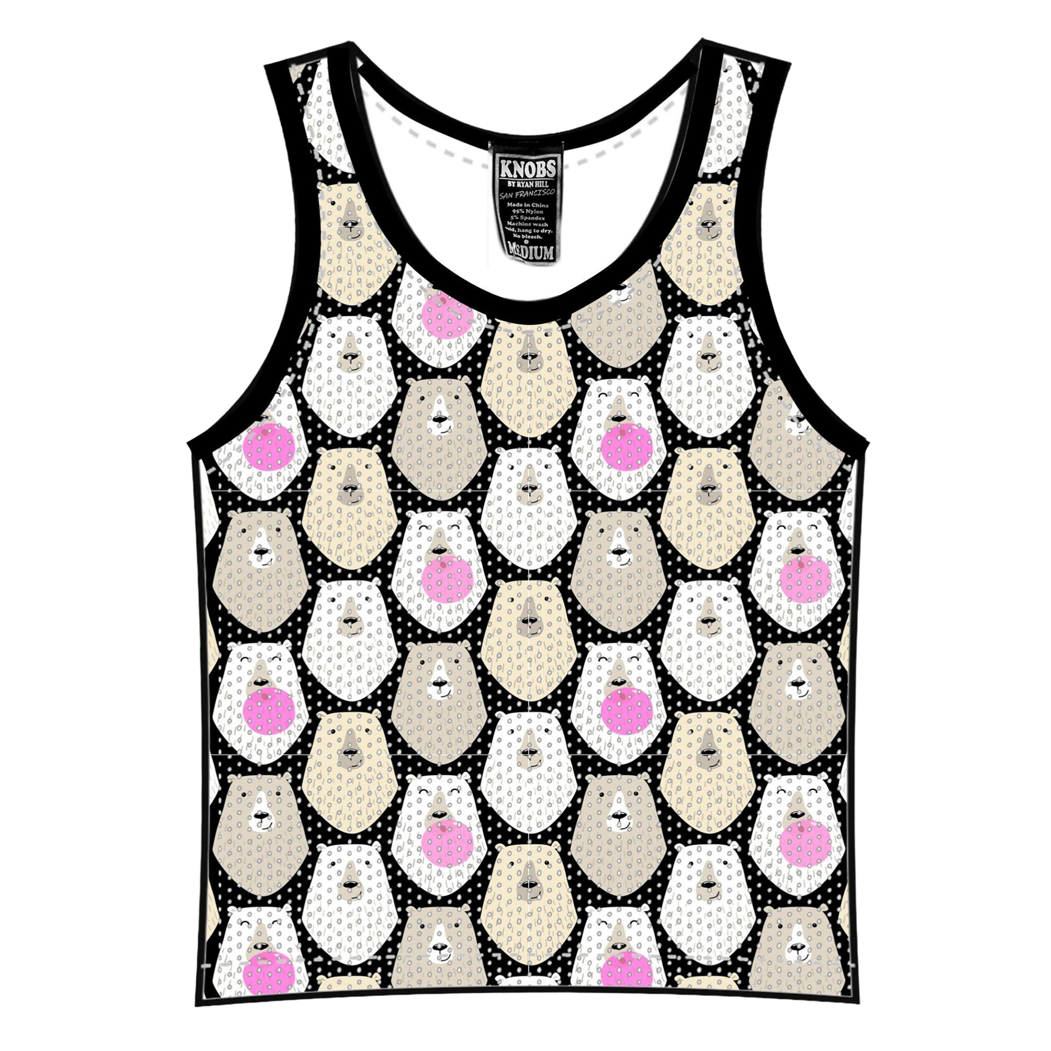 Black Mesh Tank Top with Knobs Bears Print - Casual Summer Tops for Women, Perfect for Beach, Gym, and Everyday Wear