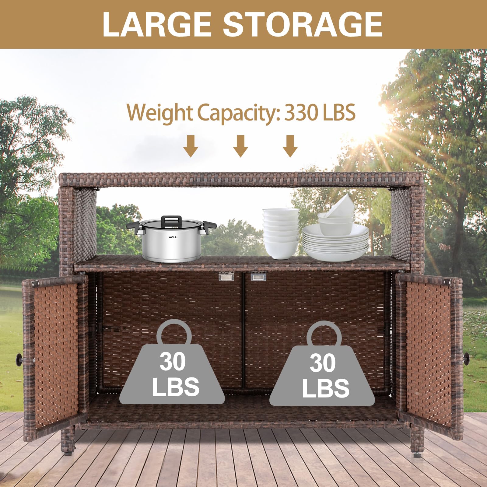 Durable Wicker Rattan Outdoor Storage Cabinet with 2 Doors & Shelves - Waterproof Polystyrene Top for Patio, Pool, Garden, Kitchen & Indoor Use - Perfect for Organizing Cushions, Toys & Gardening Tools (Brown)