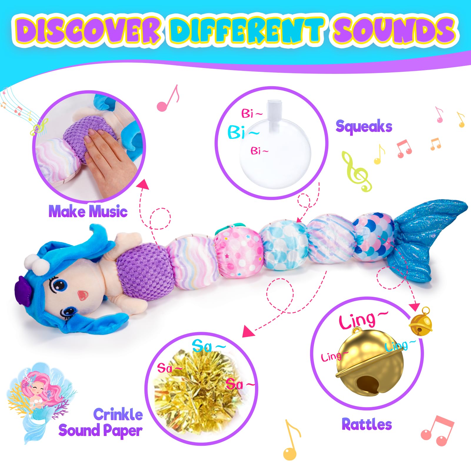 Mermaid Baby Stuffed Toy with Teether & Rattles - Soft Sensory Gift for 0-12 Months Girls | Perfect for Tummy Time & Easter Gifts