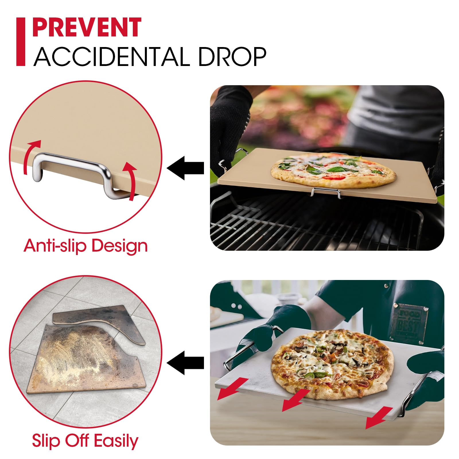 Unicook 15 x 12 Inch Cordierite Pizza Stone for Oven & Grill - Rectangular Baking Stone for Bread, Pizza, Pie & Cookies - Includes Carry Rack & Dough Scraper - Perfect for Home Baking, Outdoor Grilling & Restaurant Use