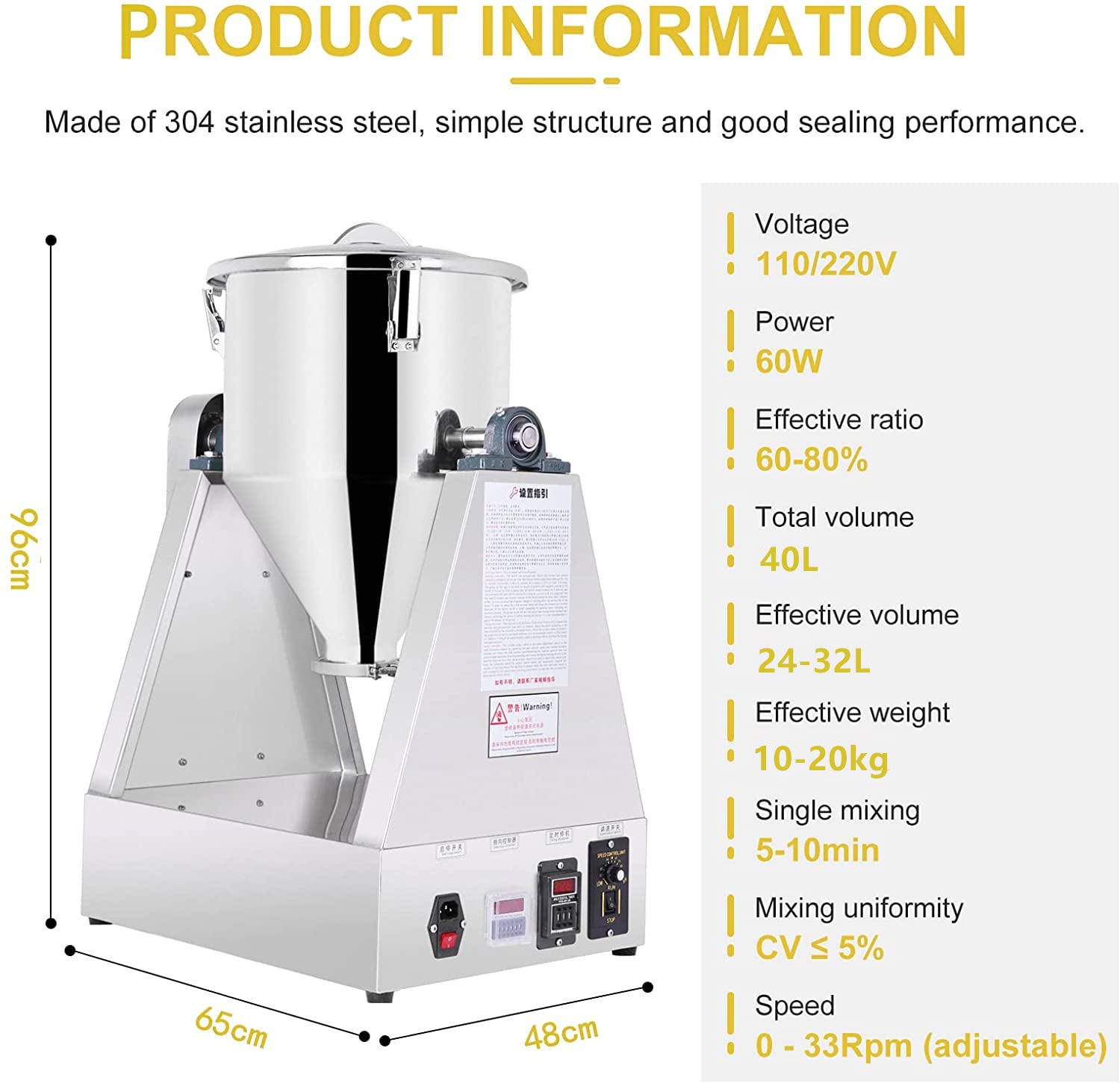 YUCHENGTECH 40L Lab Powder Mixer Machine - Industrial Particle Blender for Food, Chemical & Medical Use - 0-33 RPM, 220V (10-20kg Capacity) - Perfect for Laboratories, Pharmaceutical Production & Food Processing