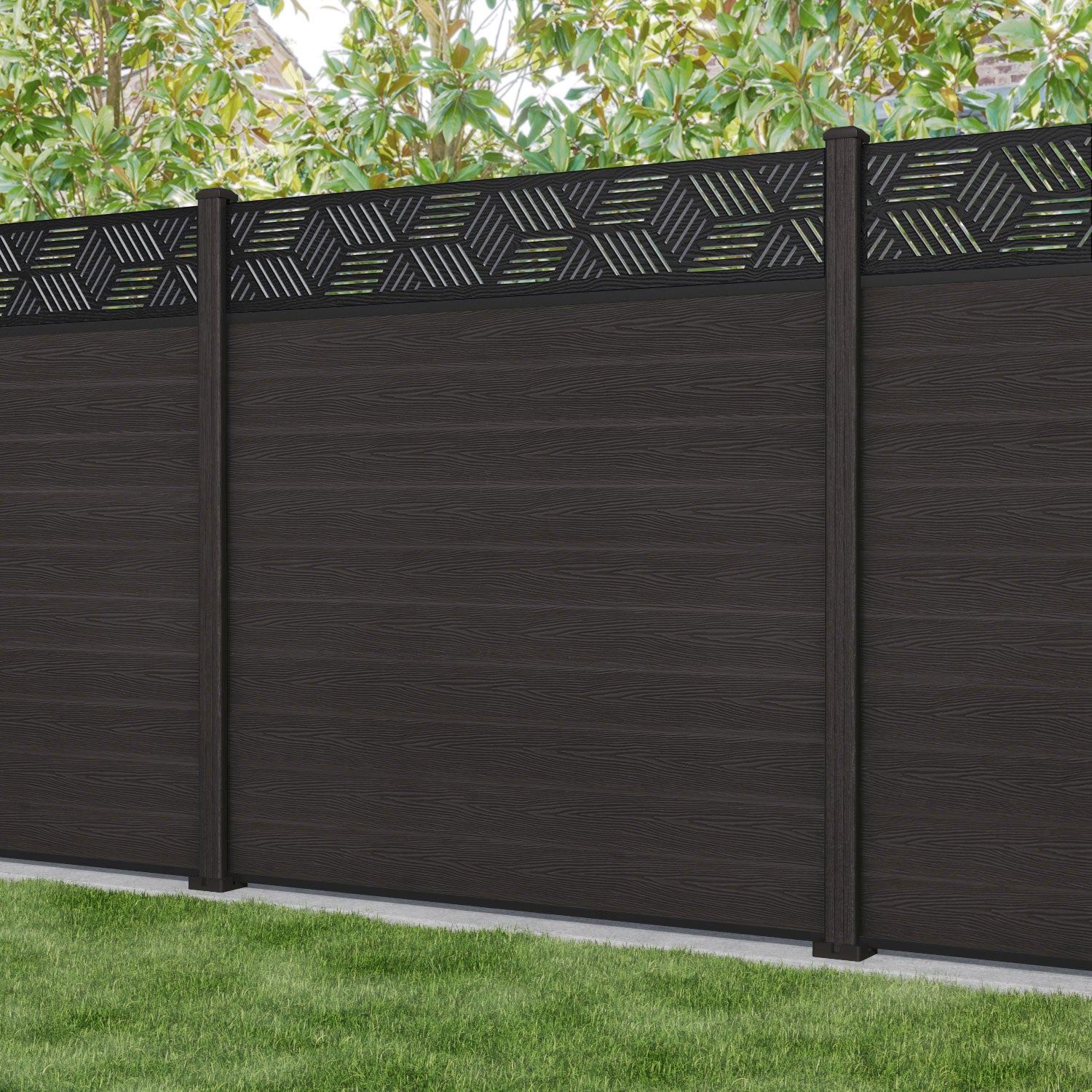 Classic Cubed Fence Panel - Dark Oak Composite Wood Privacy Fence with Sturdy Posts | Perfect for Backyard, Garden, and Patio Enclosures