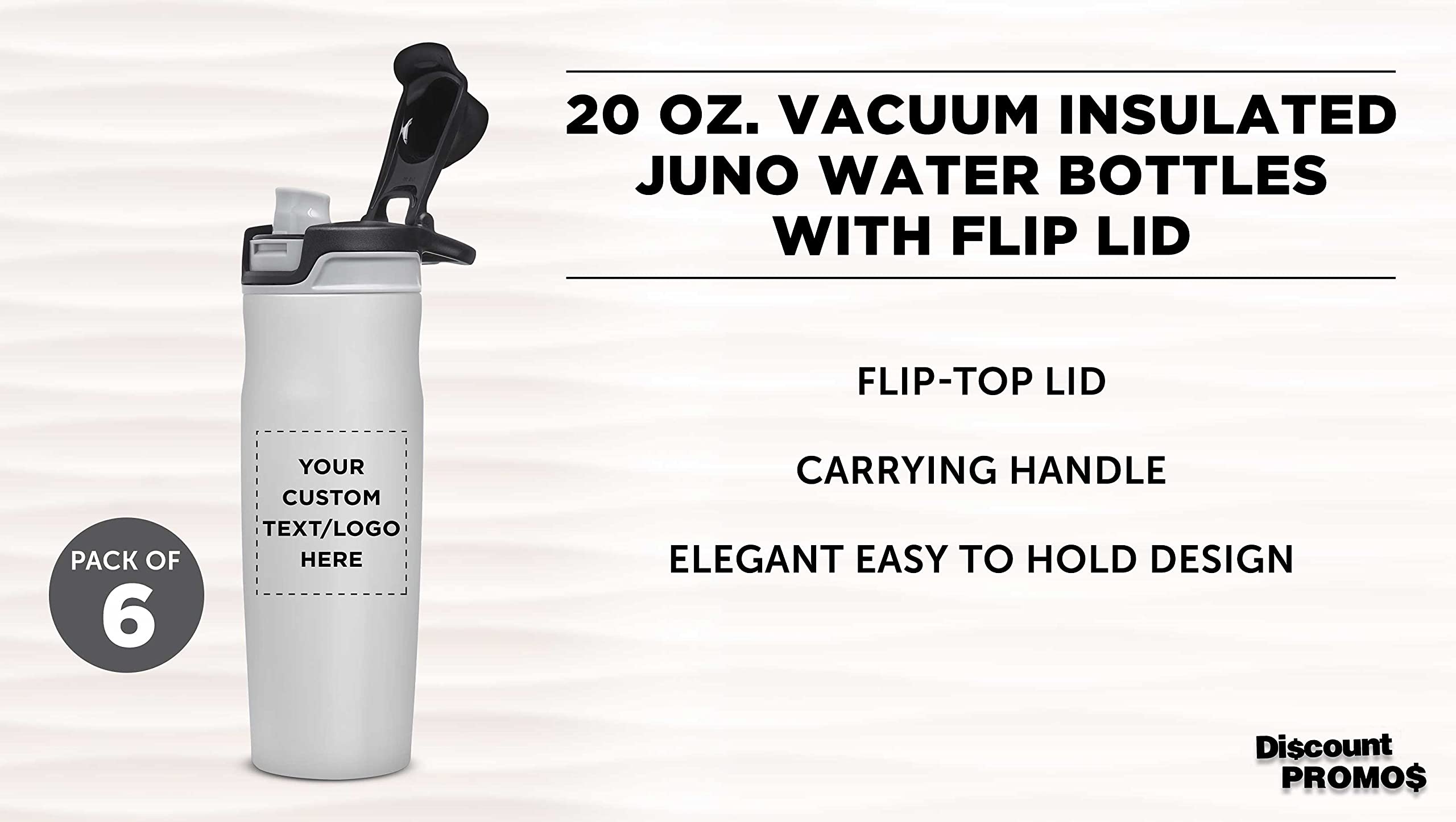 Custom Juno 20 oz Water Bottles with Flip Lid - Set of 6 Reusable Personalized Bottles for Gym, Hiking, Cycling & School - Bulk Pack Promo - White - Perfect for Sports, Outdoor Activities & Daily Hydration