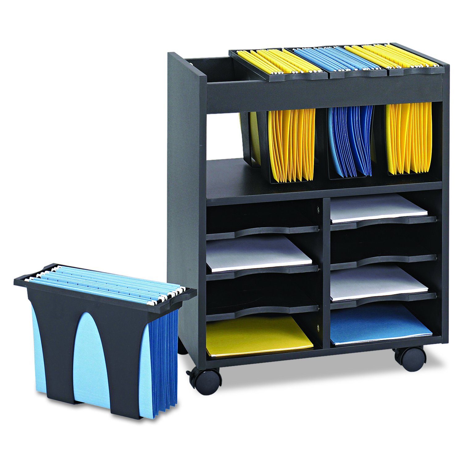 Safco Go Cart Mobile Cart with 4 Removable Plastic Bins & 6 Pull-Out Shelves - Rolling File Organizer for Letter-Size Hanging Files | Perfect for Office Organization, Classroom Storage & Home Office Use