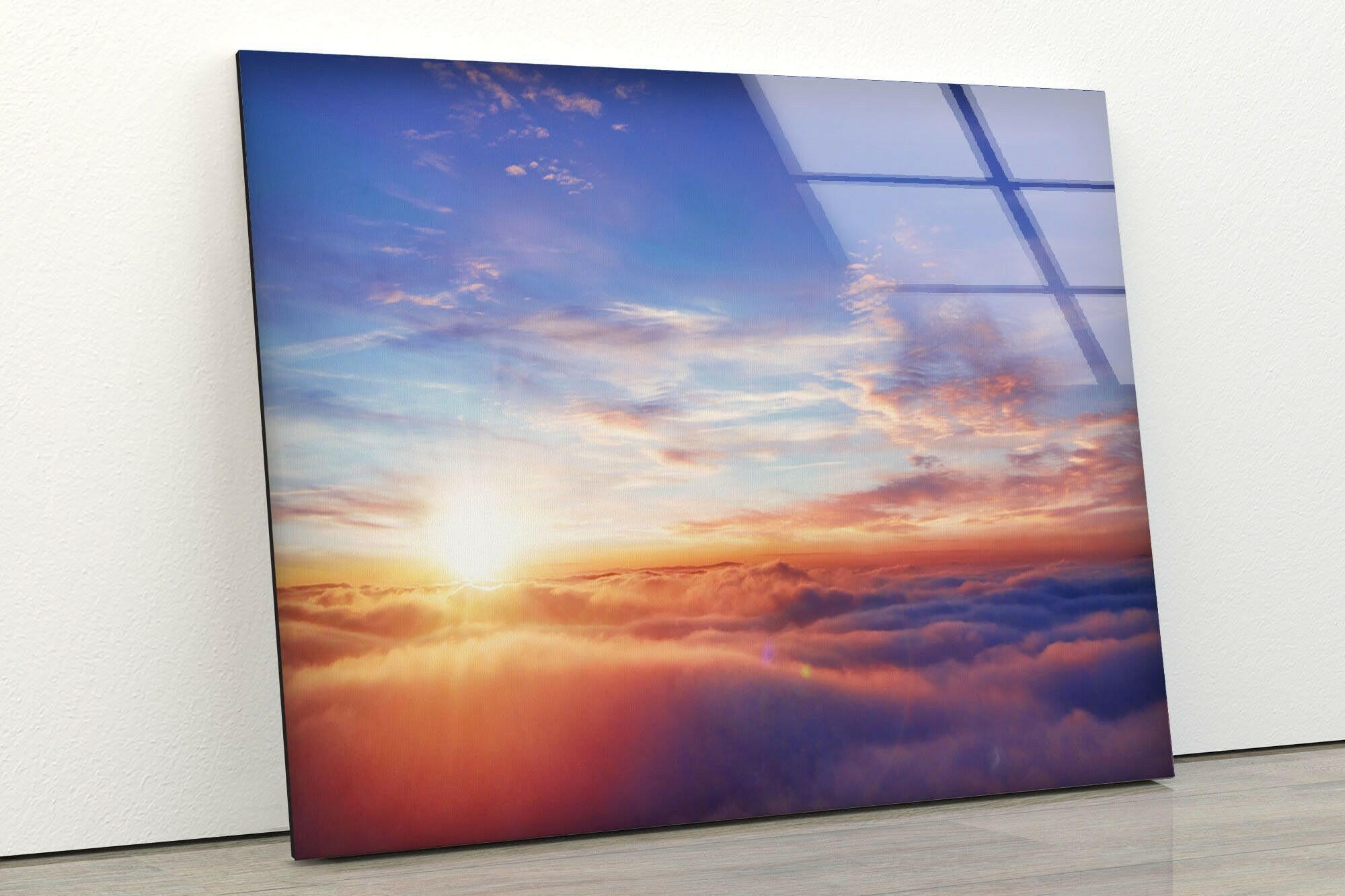 Stunning Sunrise on Glass Wall Art - Above the Clouds Panoramic Landscape Decor for Living Room, Bedroom & Office