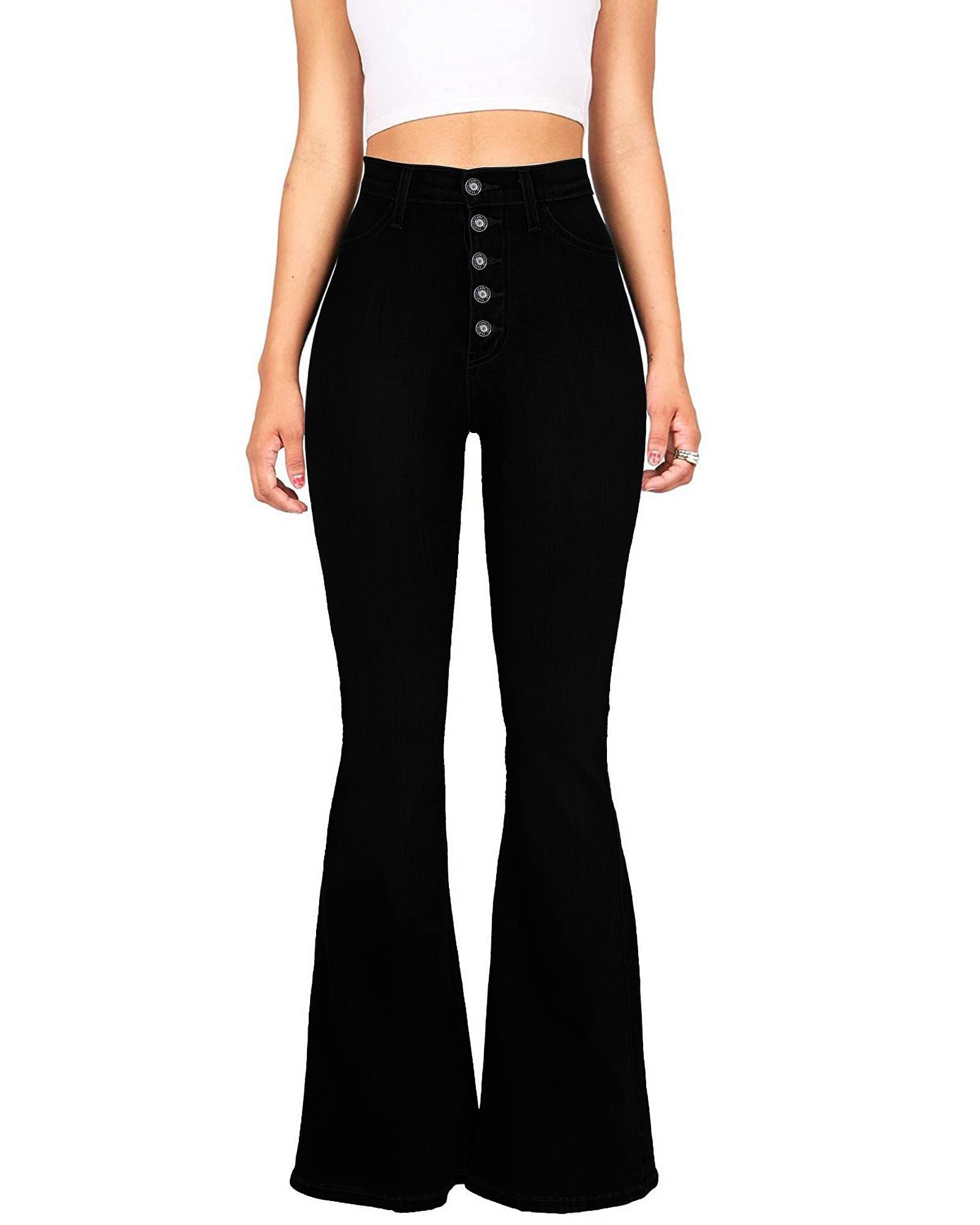 Women's High Waisted Bell Bottom Flare Jeans - Stretchy Retro Bootcut Wide Leg Denim Pants in Black | Perfect for 70s Vintage Outfits & Boho Chic Style