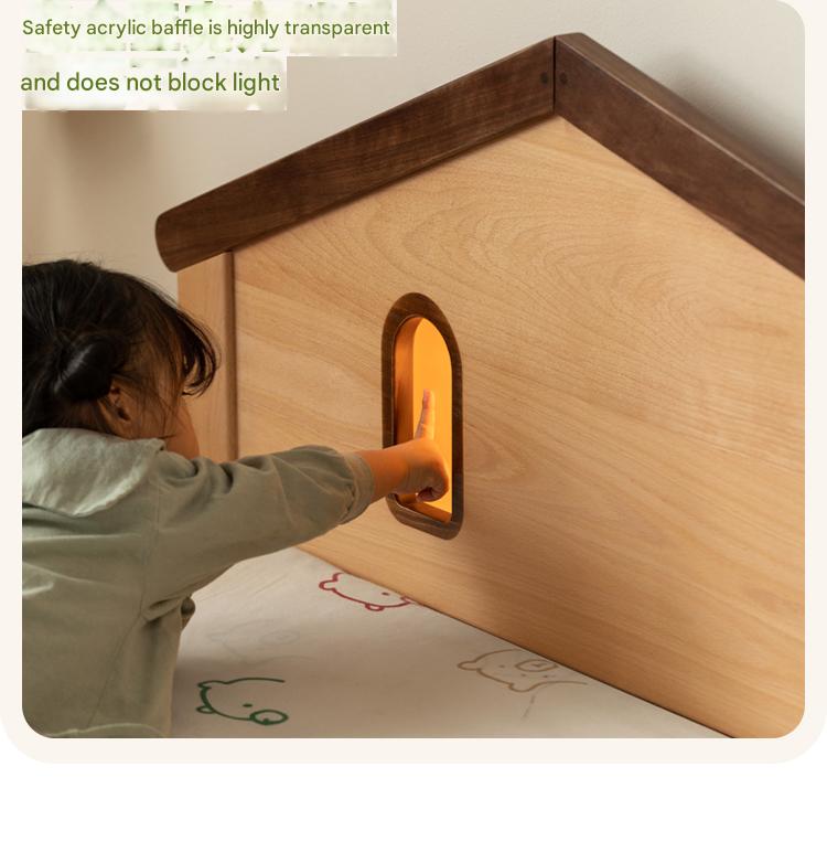 Kids Wooden Bed with Night Light - Beech & Poplar Little House Design with 15-Minute Auto Light Off - Perfect for Bedrooms, Playrooms & Cozy Sleep Spaces