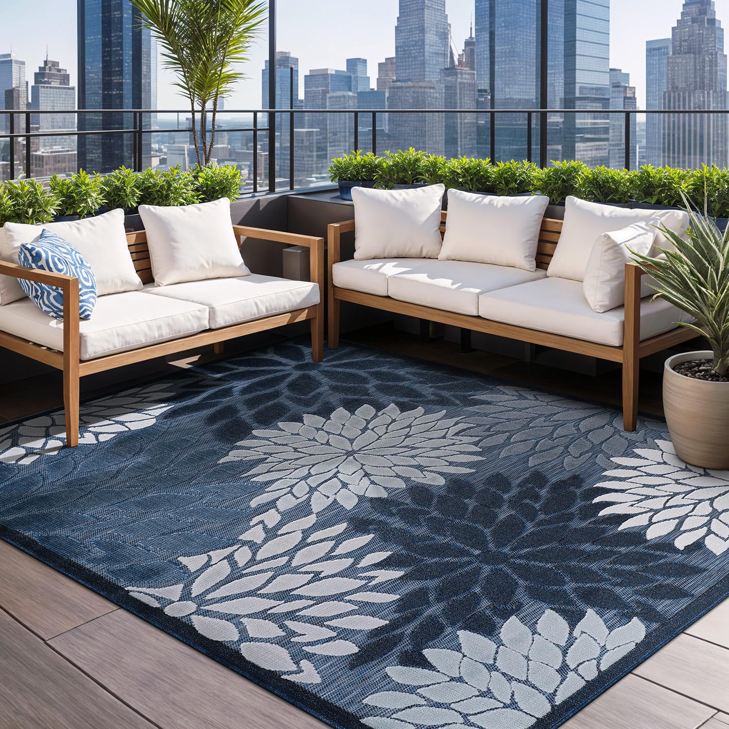 Beverly Rug 8x10 Modern Floral Tropical Indoor Outdoor Area Rug - Non-Shedding, Washable, Easy Clean - Navy Blue - Perfect for Patio, Living Room, Porch & Garden Decor